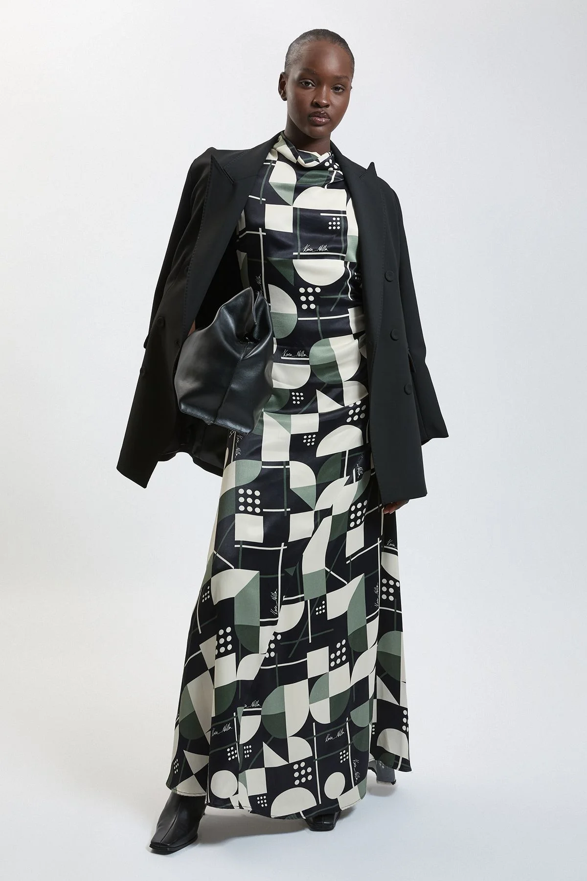 Satin Viscose Printed Drape Cowl Neck Maxi Dress - 1