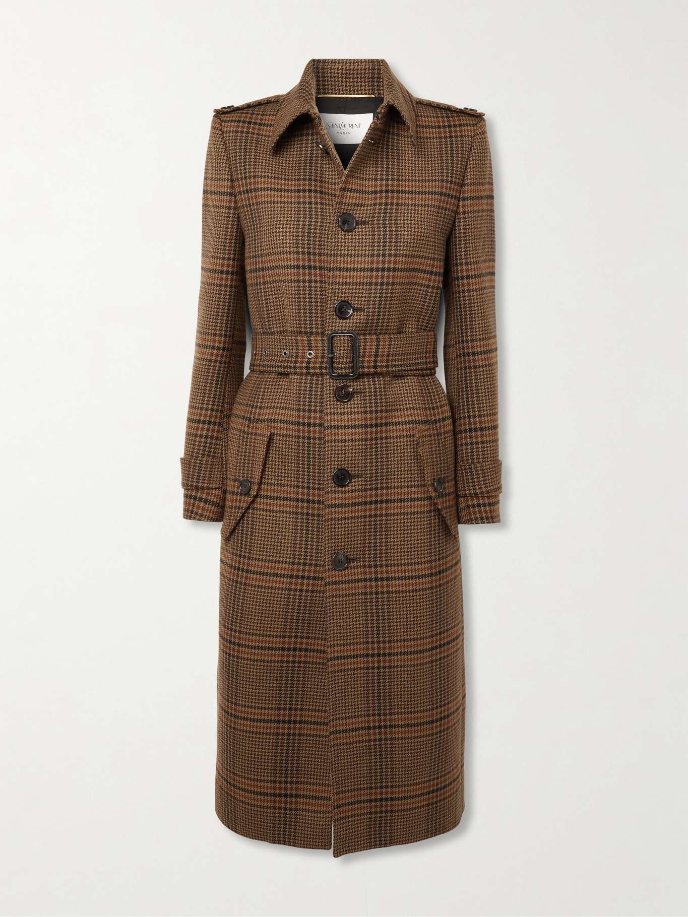 Belted checked wool trench coat Brown - 1