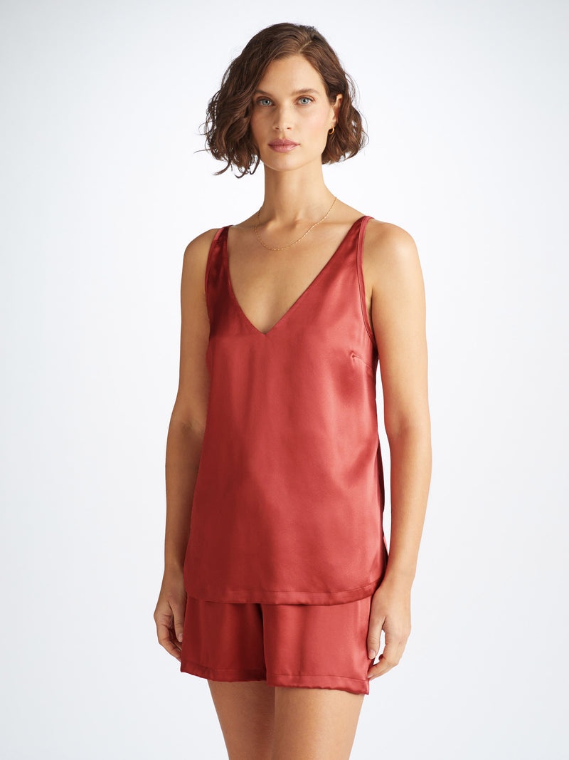 Women's Short Cami Pajamas Bailey Silk Satin Rose Red - 3