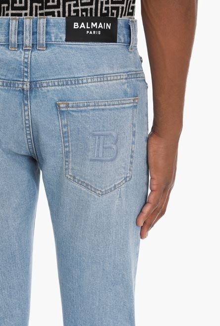 Slim light blue cotton jeans with Balmain monogram - 8