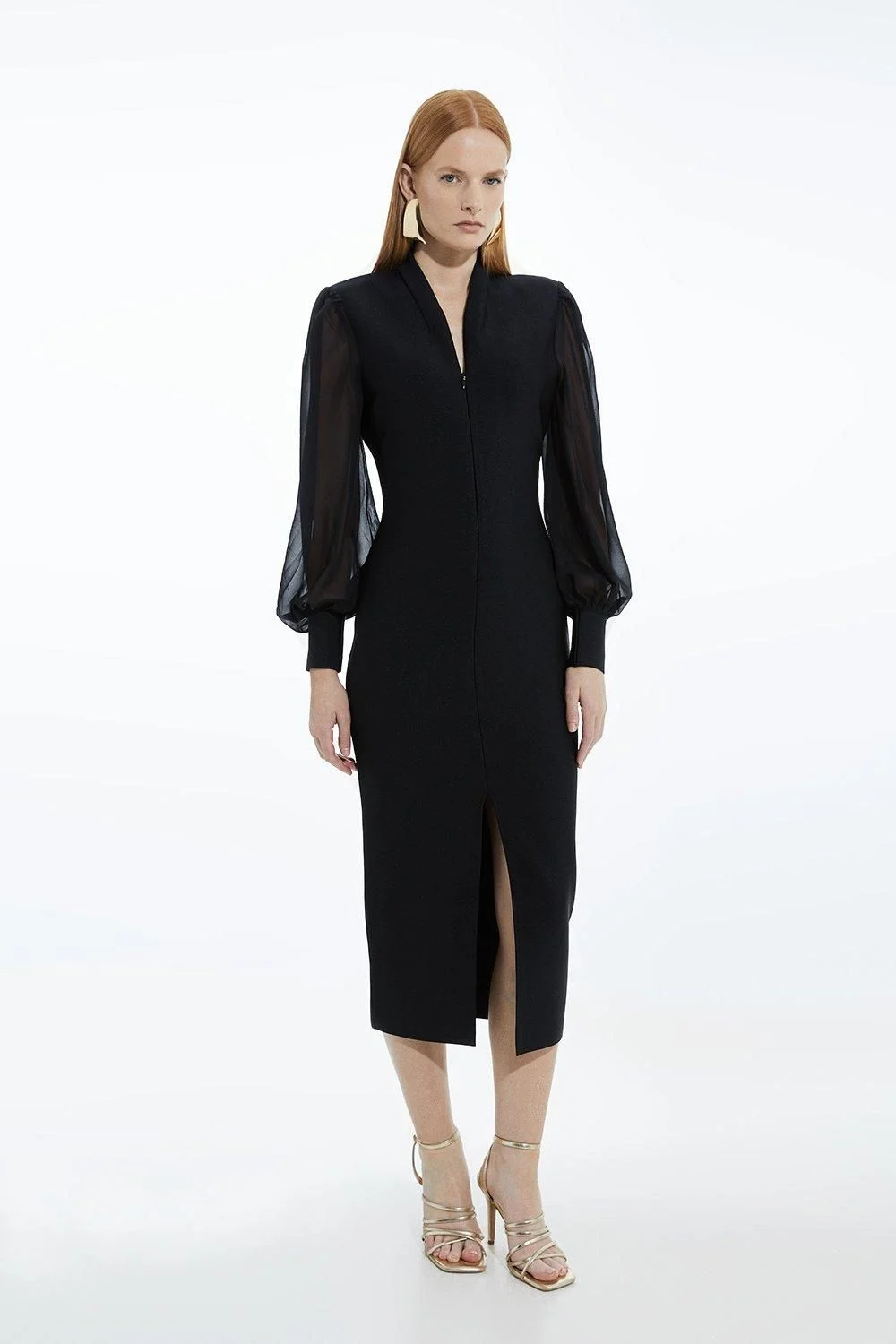 Bandage Figure Form Zip Detail Chiffon Sleeve Knit Dress - 1