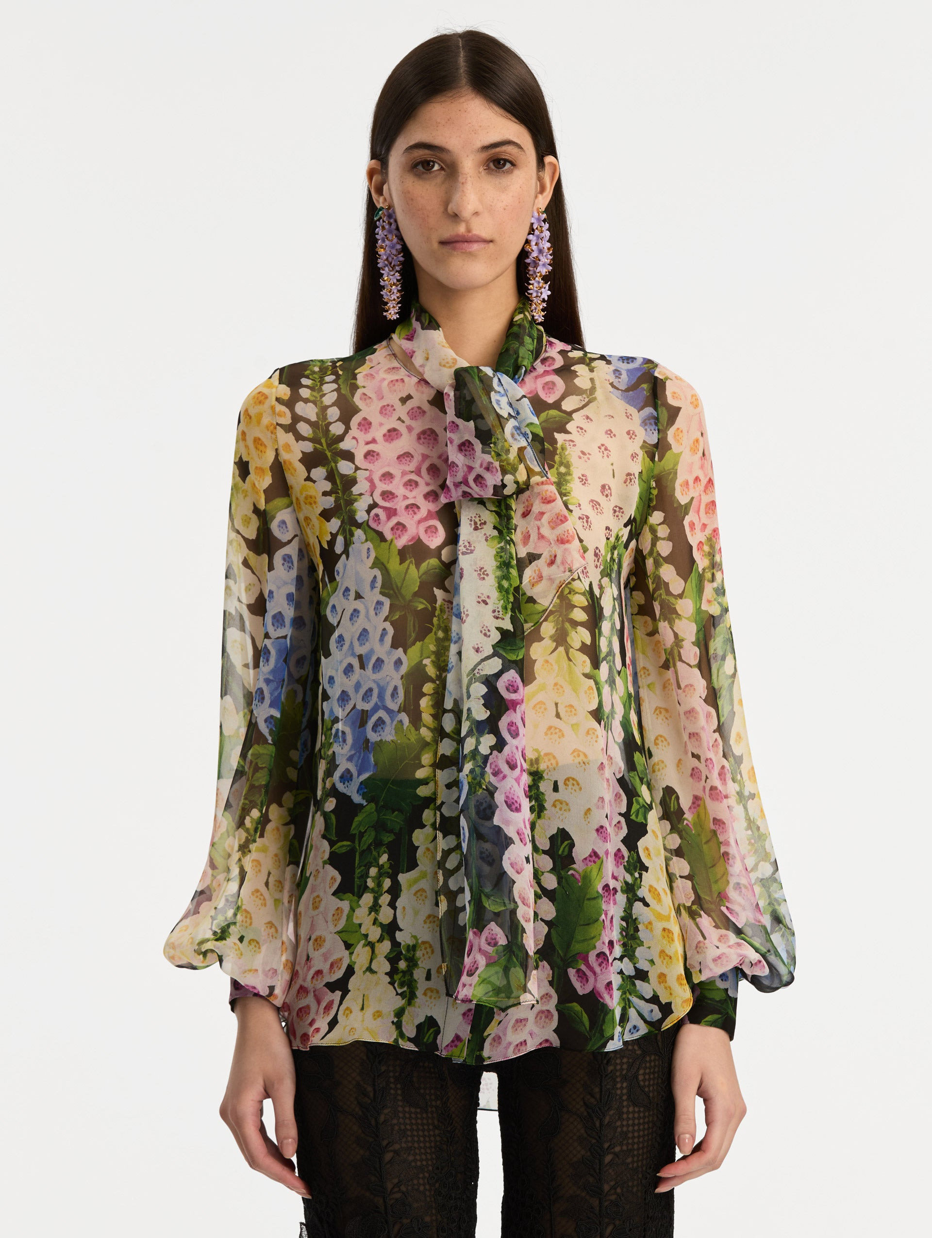 FOXGLOVE TIE-NECK CHIFFON BLOUSE - 2