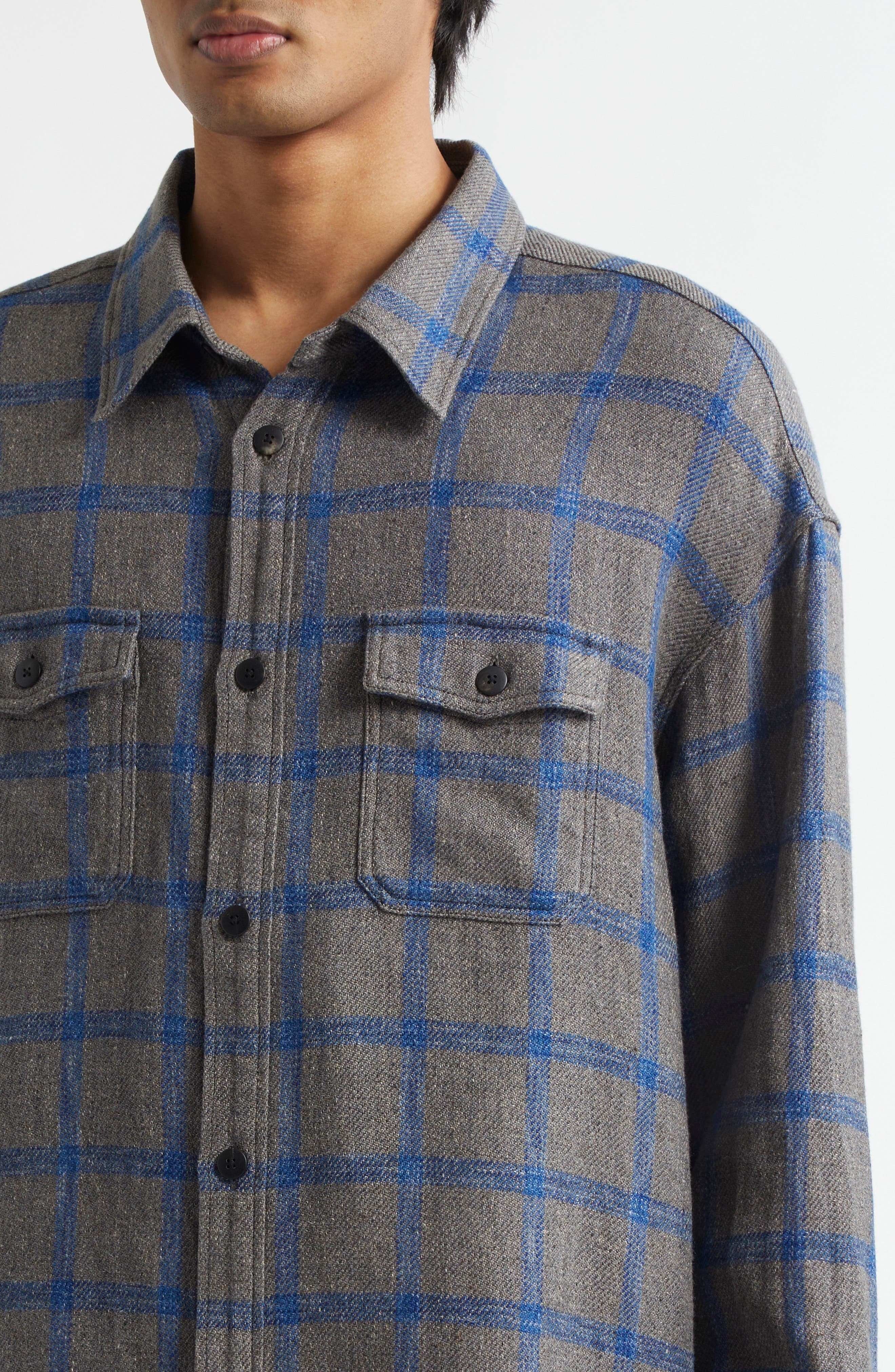 VISVIM Lumber Check Linen & Wool Button-Up Shirt in Grey at Nordstrom - 5