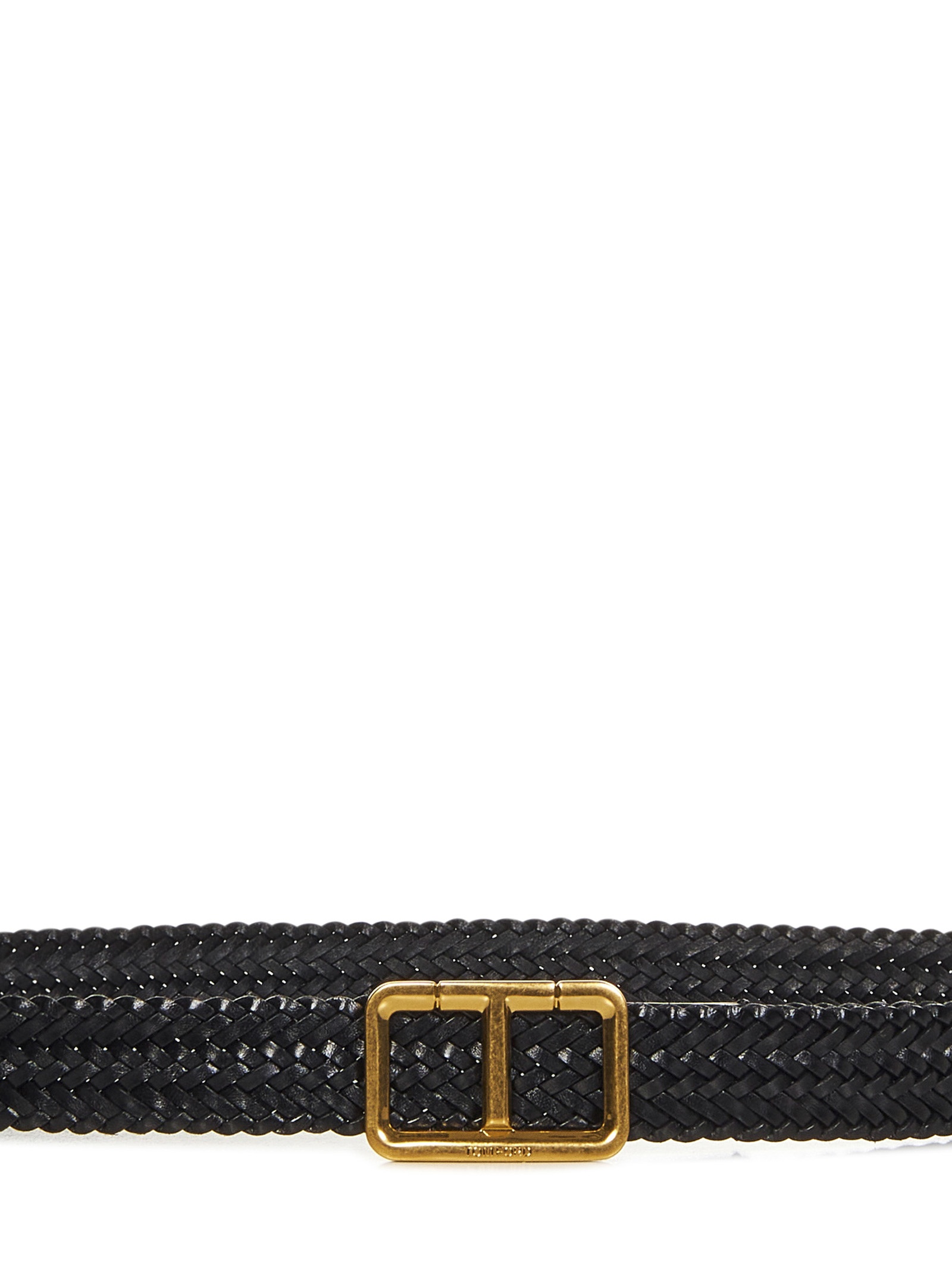 Black woven calfskin belt with golden metal T-shaped buckle. - 2