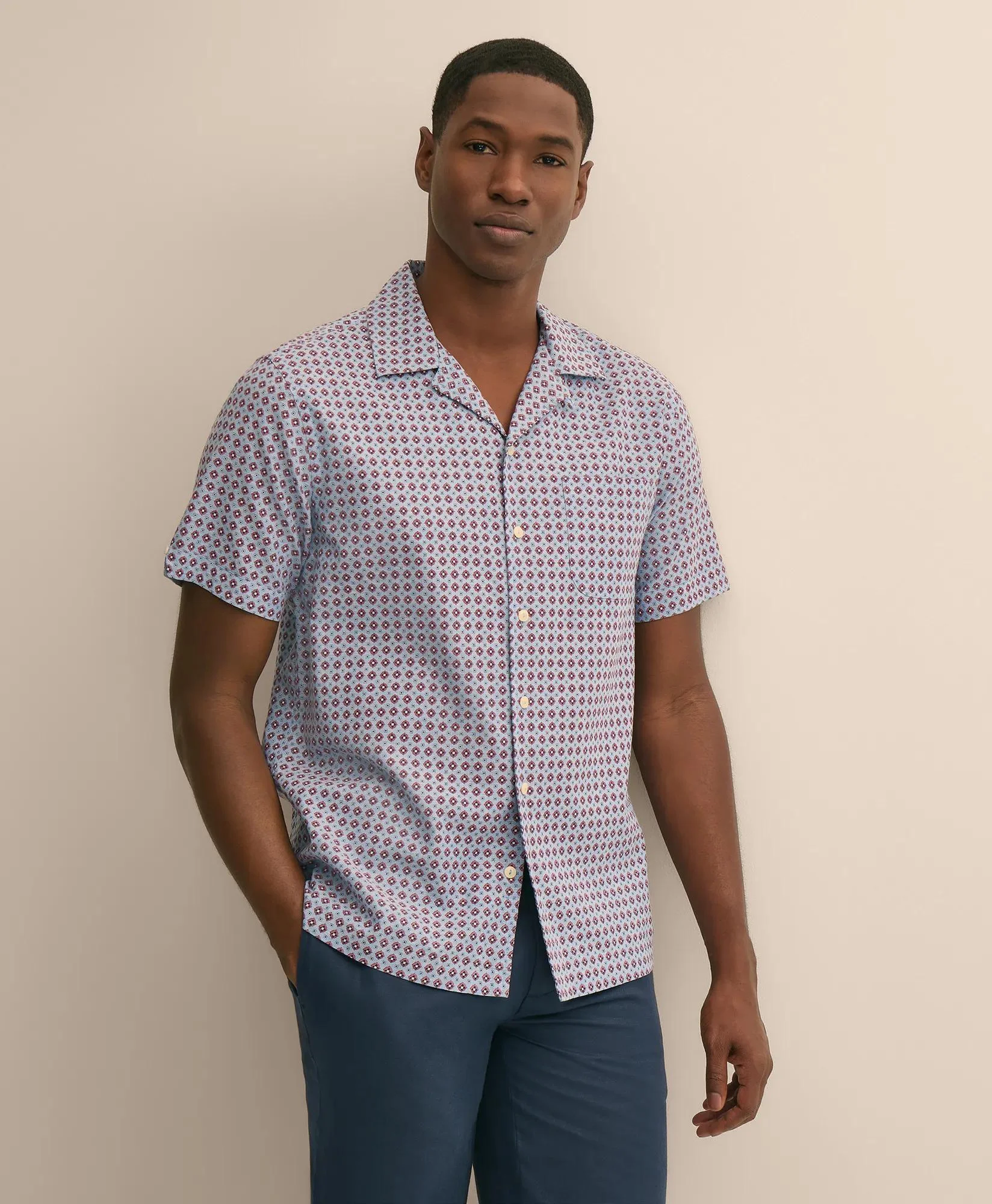 Linen-Cotton Camp Collar, Foulard Short-Sleeve Shirt - 1