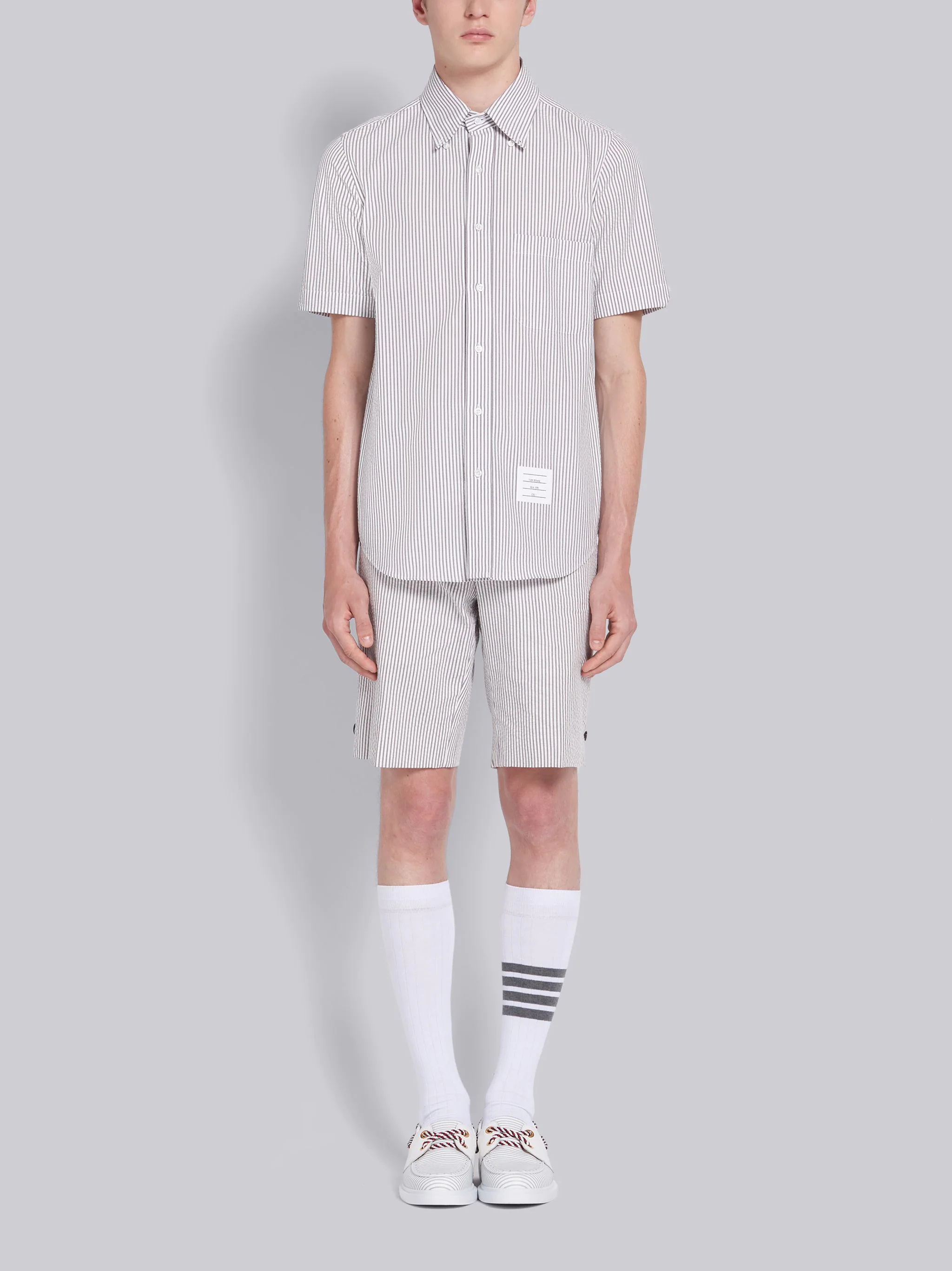 Medium Grey Seersucker Stripe Short Sleeve Shirt - 5