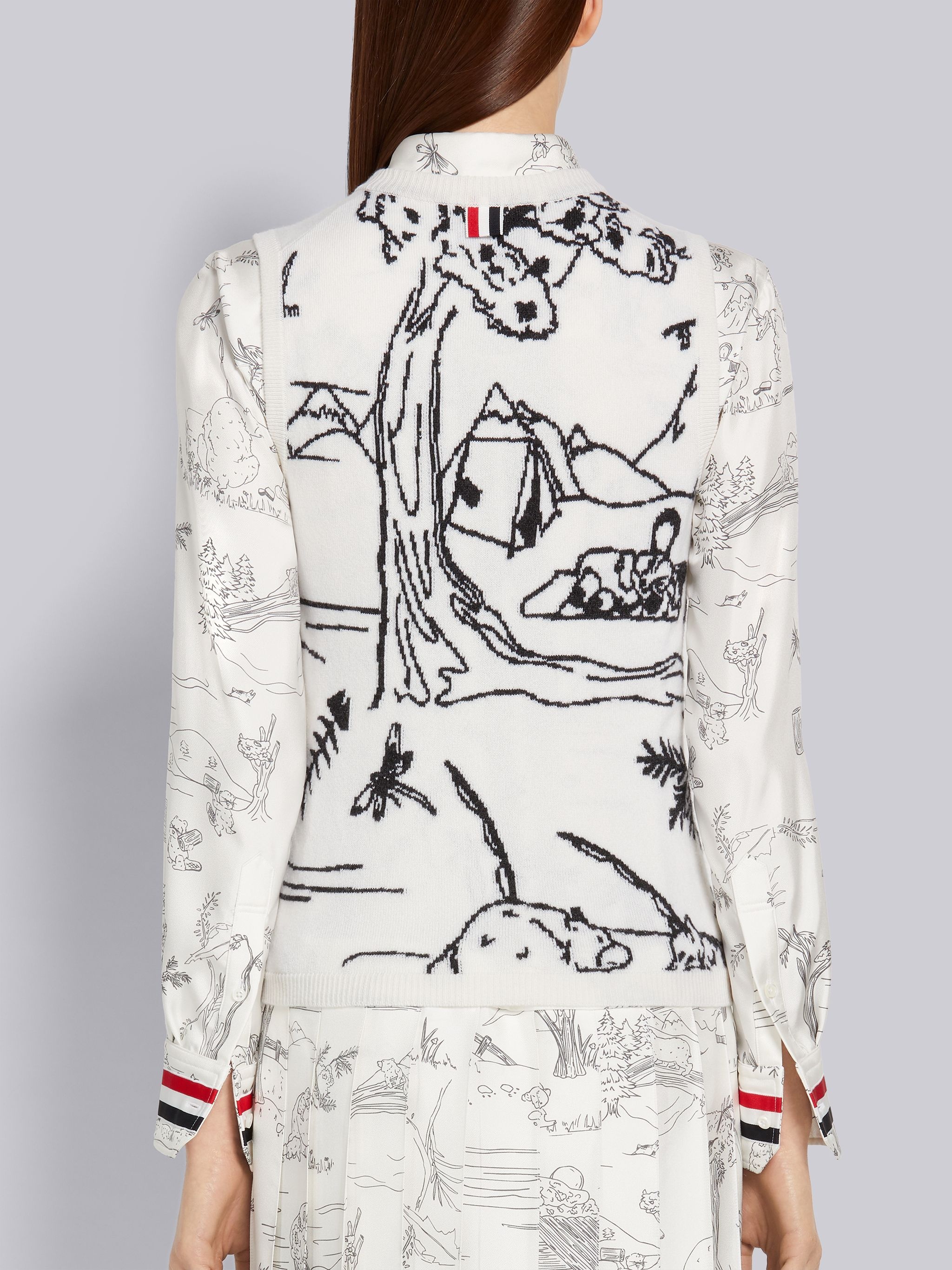 White Animal Camp Toile Intarsia Cashmere Crew Neck Shell Top - 3