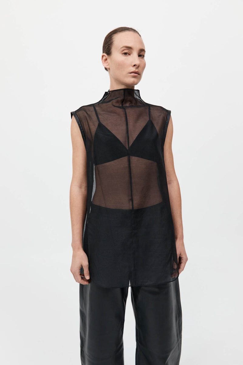 Sheer Silk Leather Trim Top - Black 4