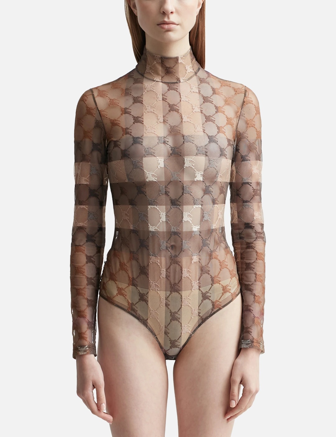 EKD Check Stretch Tulle Turtleneck Bodysuit - 7