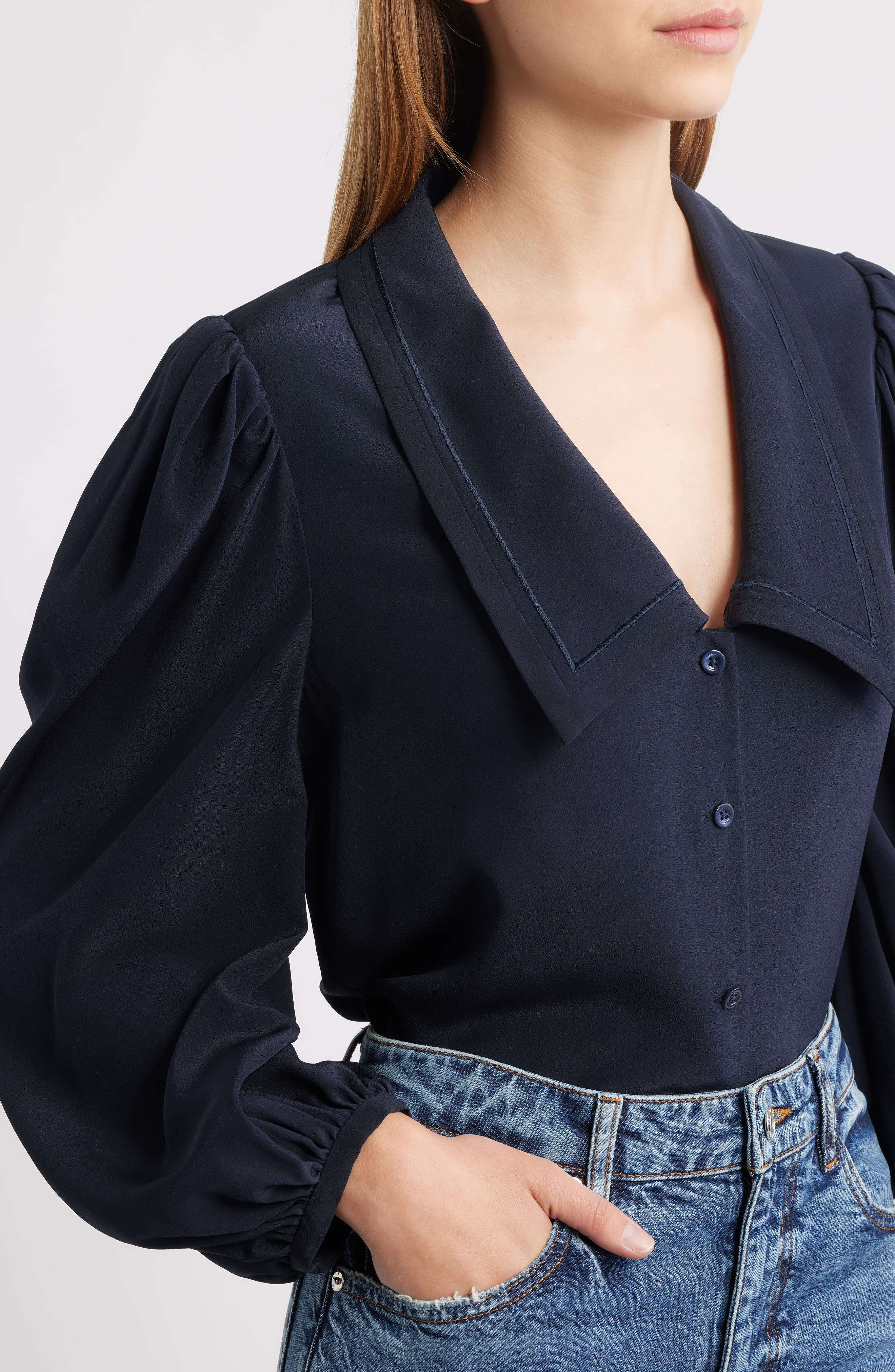 FRAME The Long Sleeve Silk Sailor Shirt in Navy at Nordstrom - 4