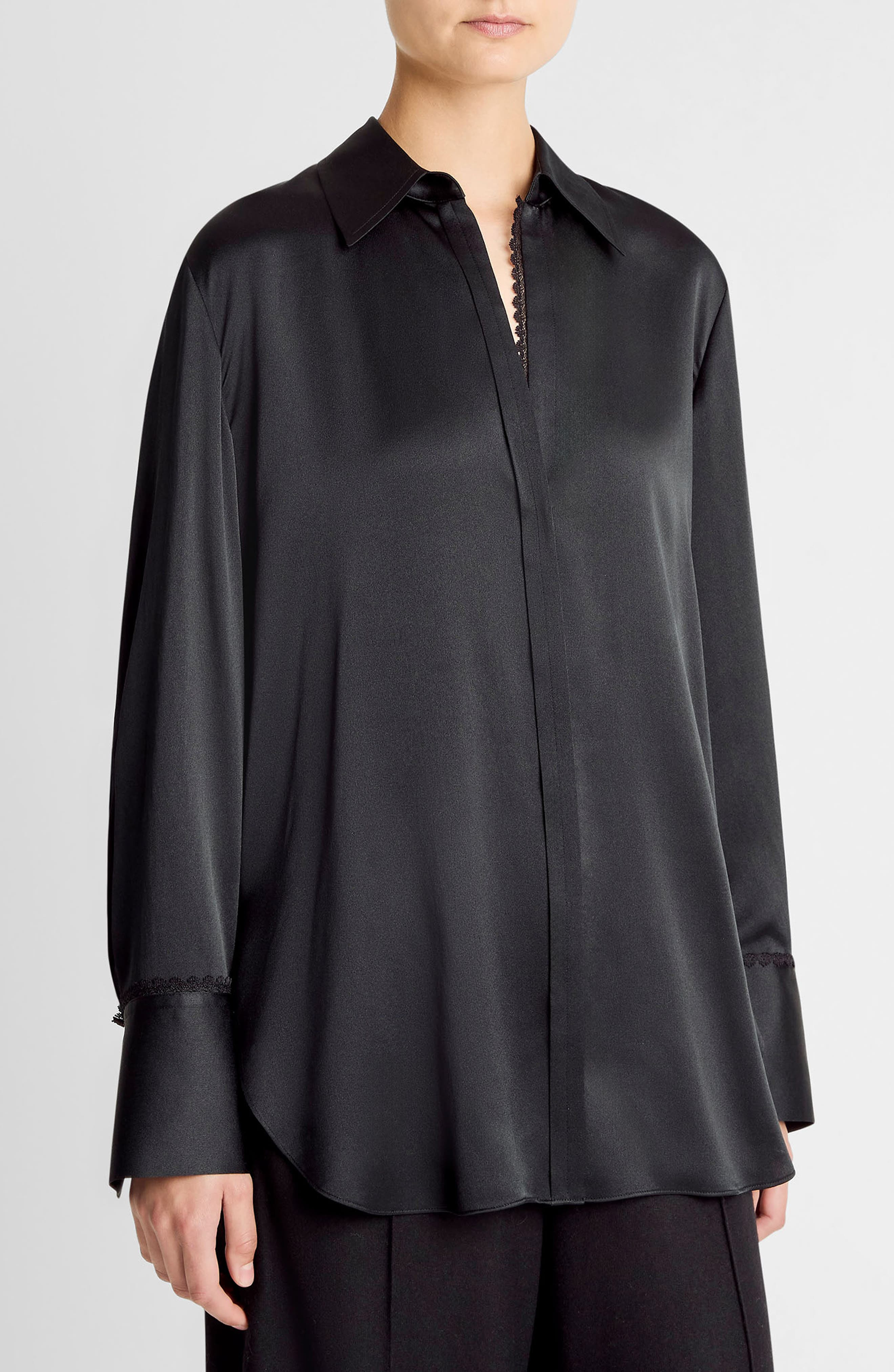 Vince Relaxed Lace Trim Placket Silk Satin Button-Up Shirt in Black at Nordstrom - 3