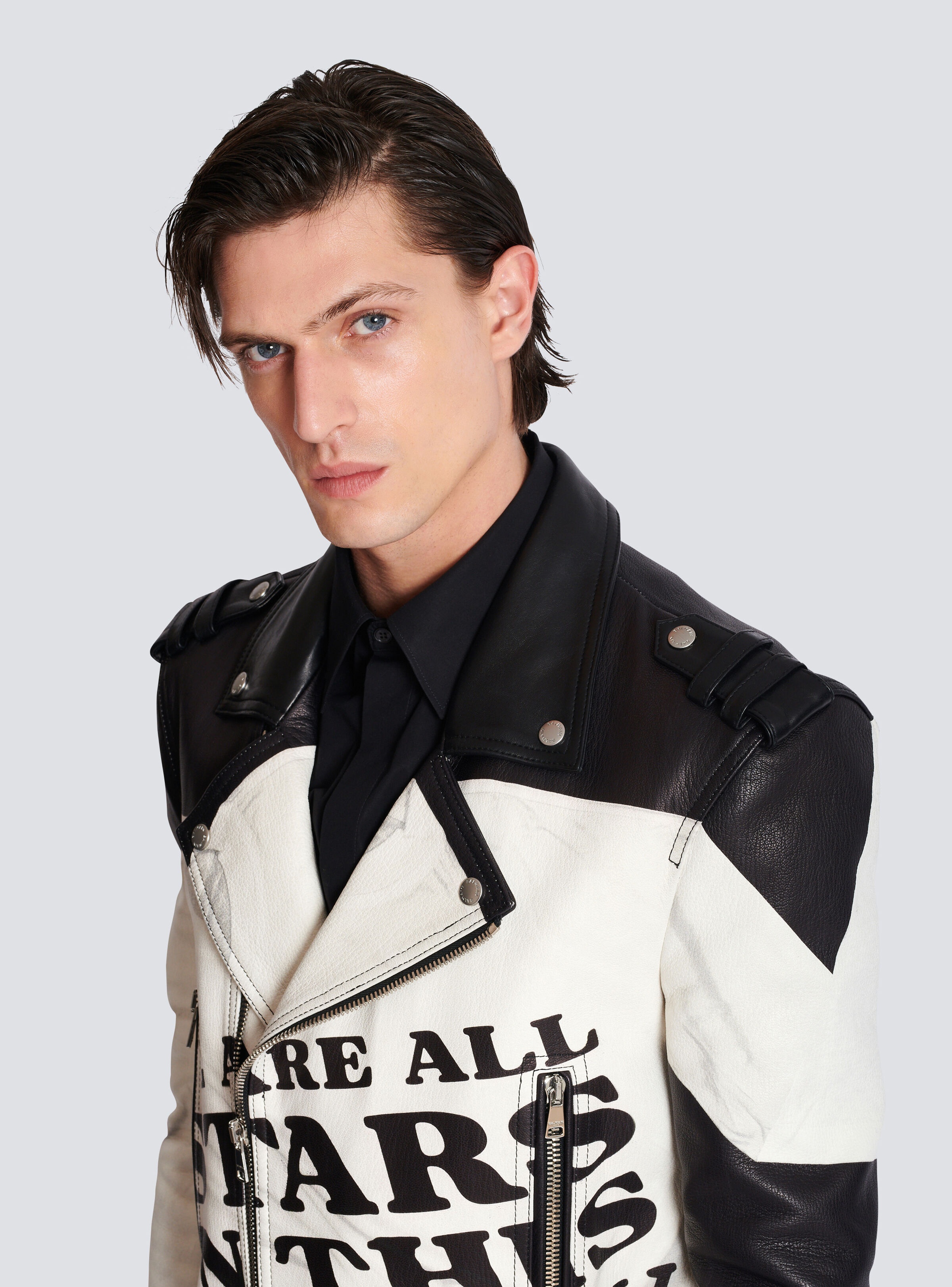 Leather biker jacket with trompe-l'œil T-shirt print - 8