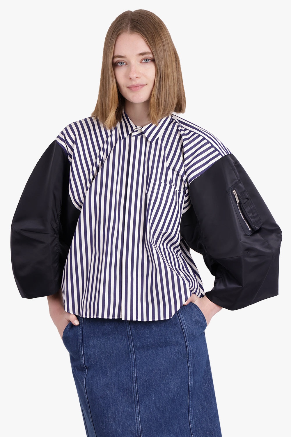 CONTRAST BALLOON L/S CROPPED STRIPE SHIRT | NAVY/WHITE - 2