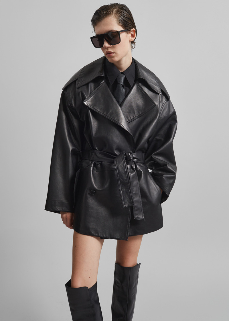 Zurich Oversized Faux Leather Short Trench - Black 3