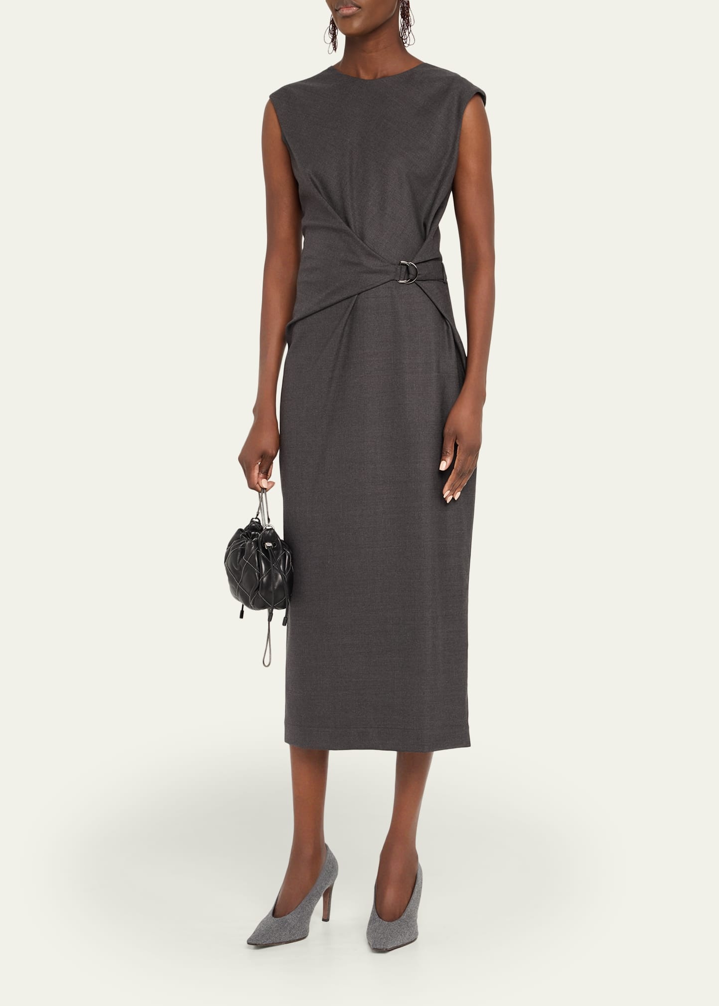 Sleeveless Stretch Twill Wool Wrap Midi Dress - 4