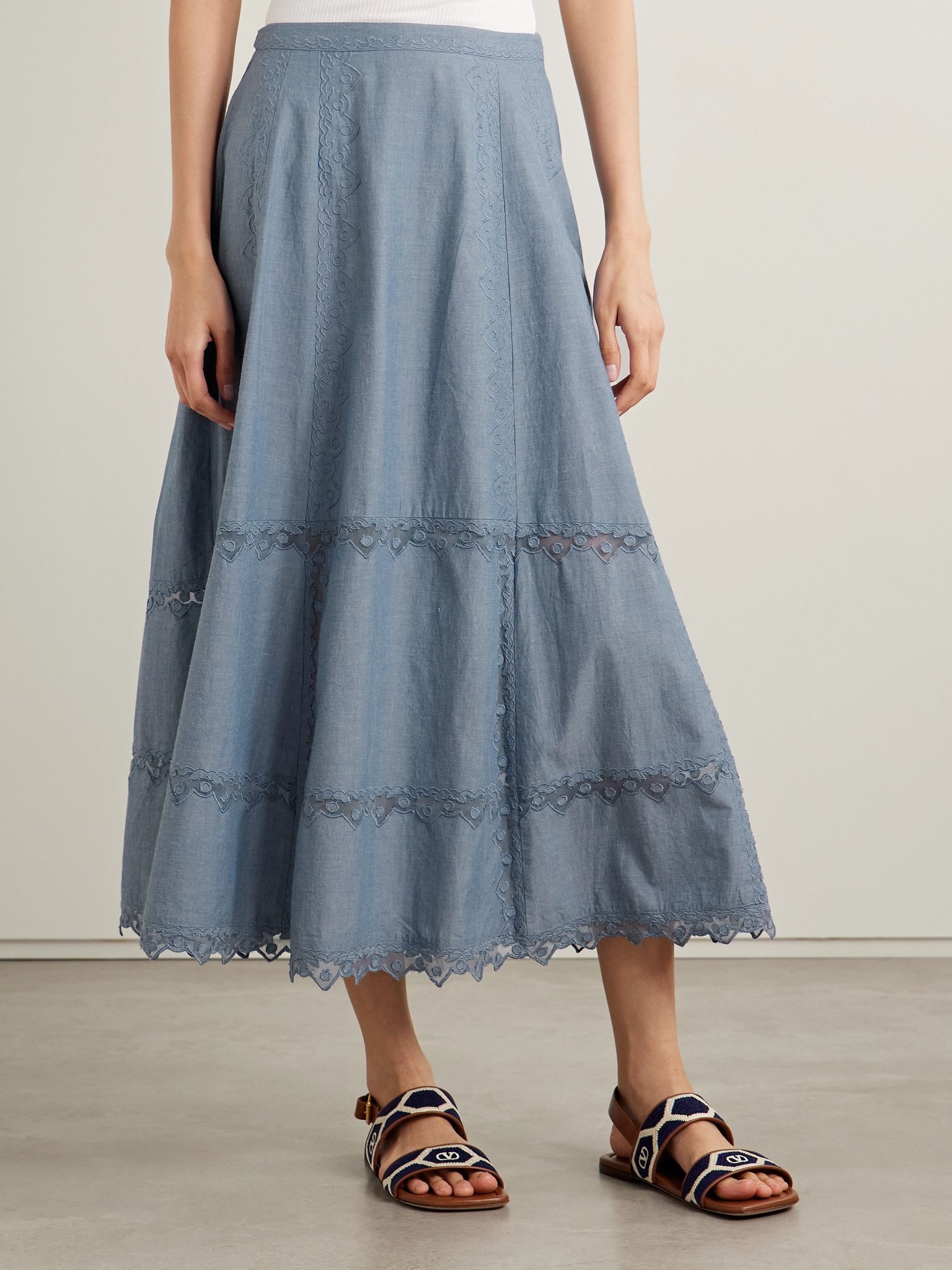 Lucia embroidered mesh-trimmed cotton-chambray midi skirt Blue - 3