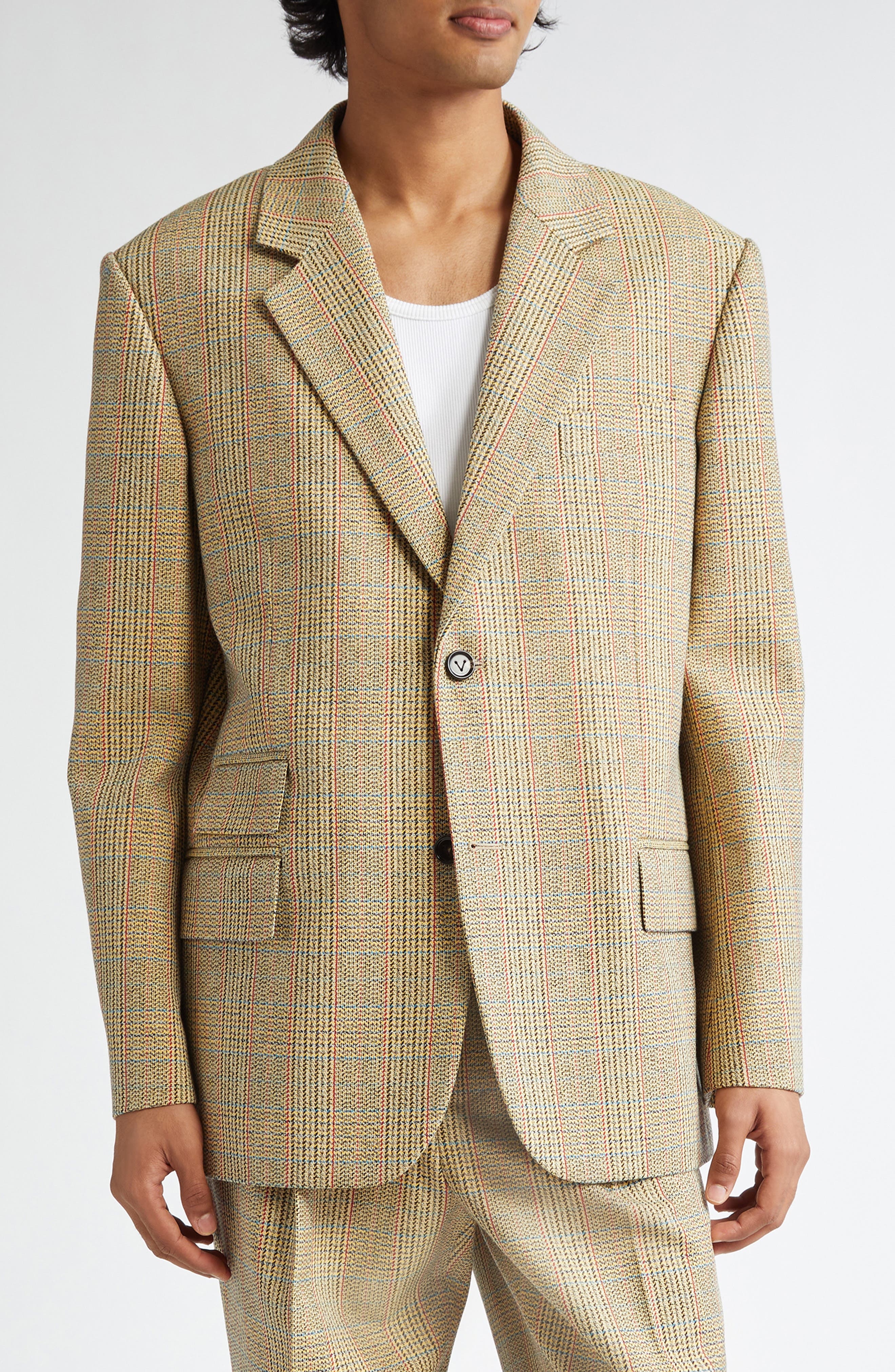 Bottega Veneta Distorted Prince of Wales Wool Blend Sport Coat in Beige/Yellow/Blue at Nordstrom - 1
