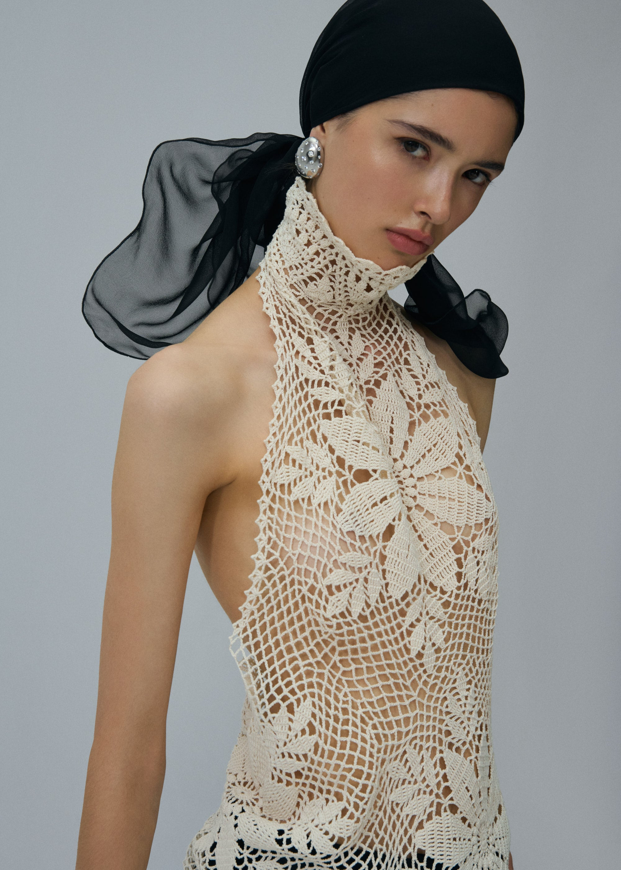 Lace crochet high neck blouse in cream - 7