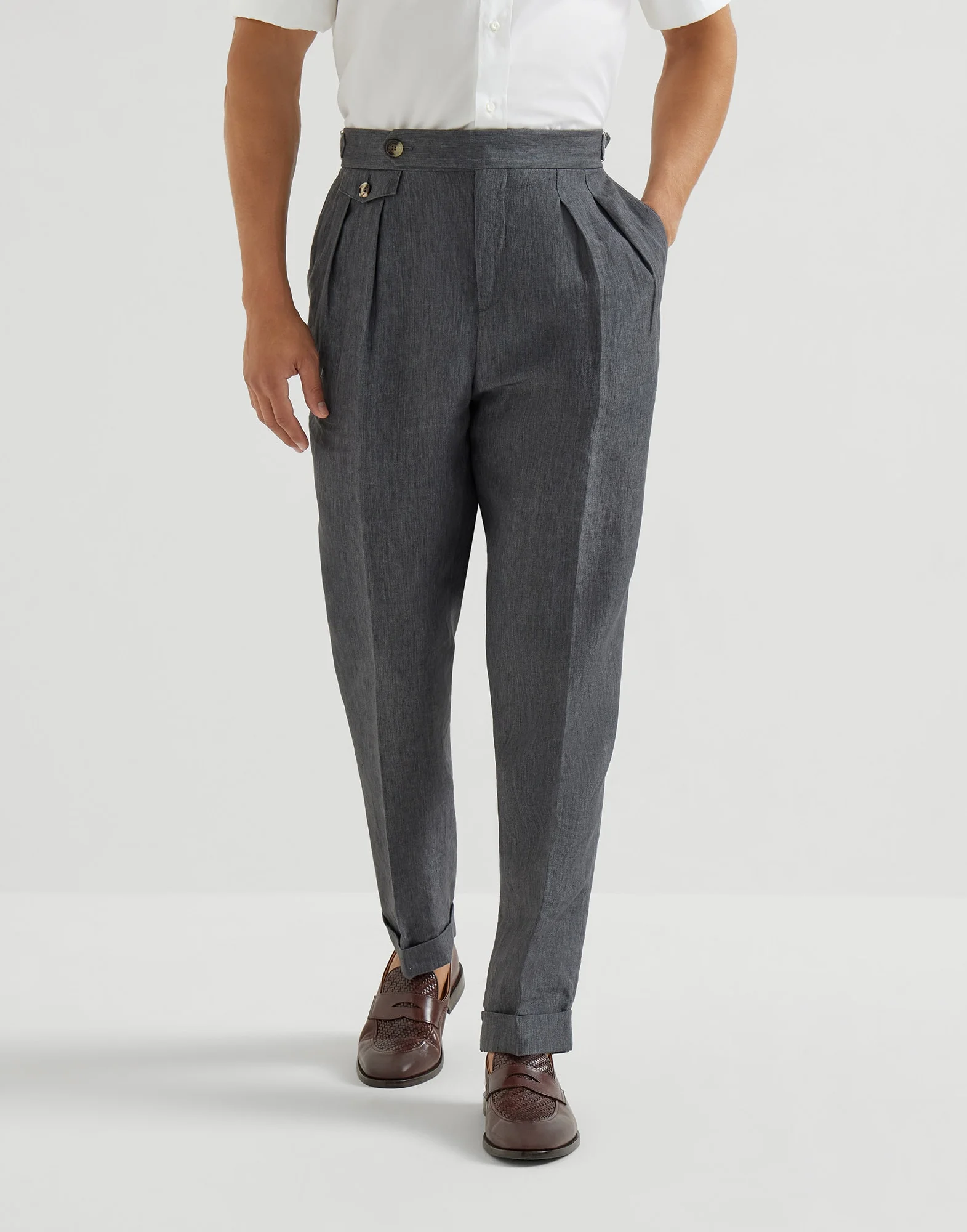 Lightweight délavé linen trousers with reversed double pleats and waist tabs - 1