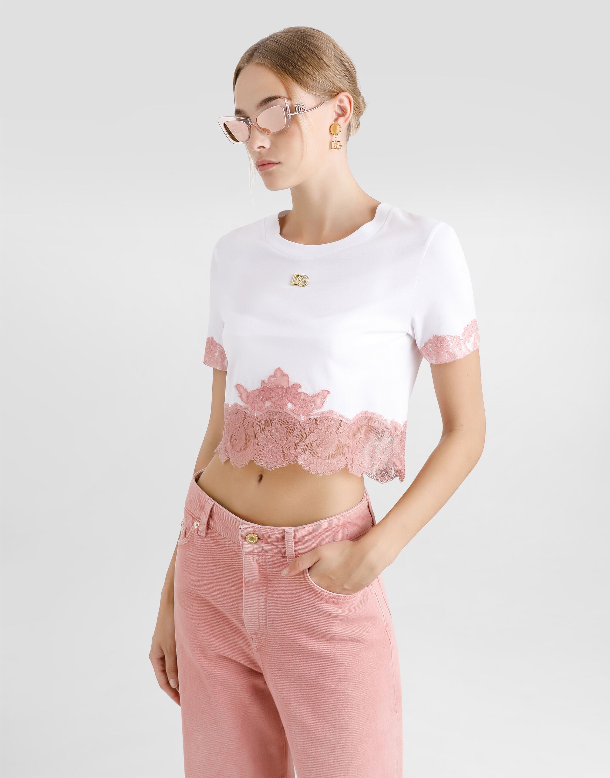 Cropped jersey T-shirt with DG logo and lace inserts - 5