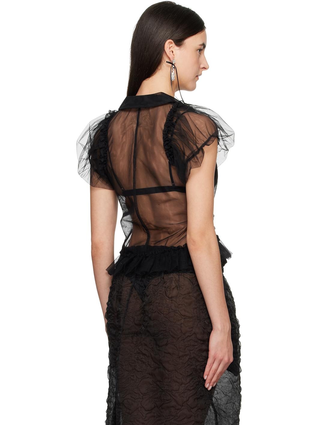 Black Sheer Puff Sleeve Multi Ruffle Frill Shirt - 3