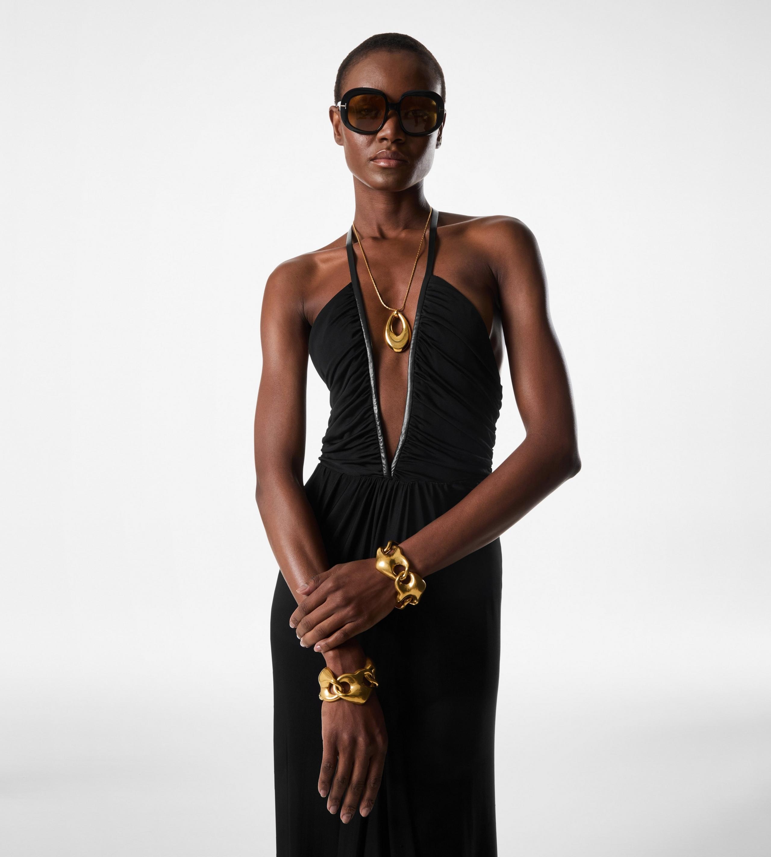 STRETCH JERSEY DEEP V-NECK EVENING DRESS - 2