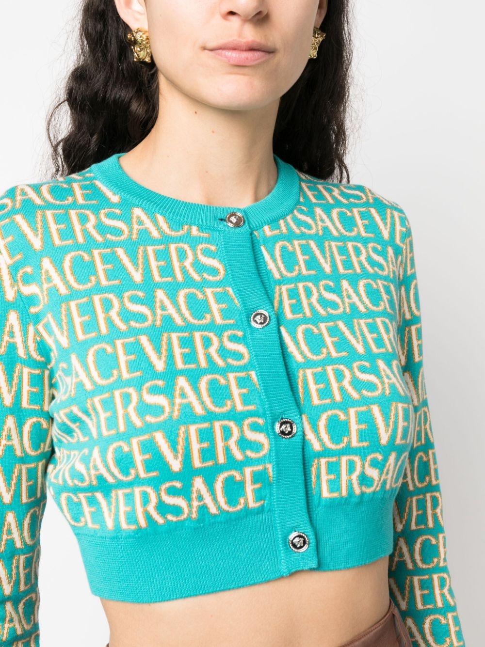 TURQUOISE VERSACE VERSACE ALLOVER KNIT CROP TOP