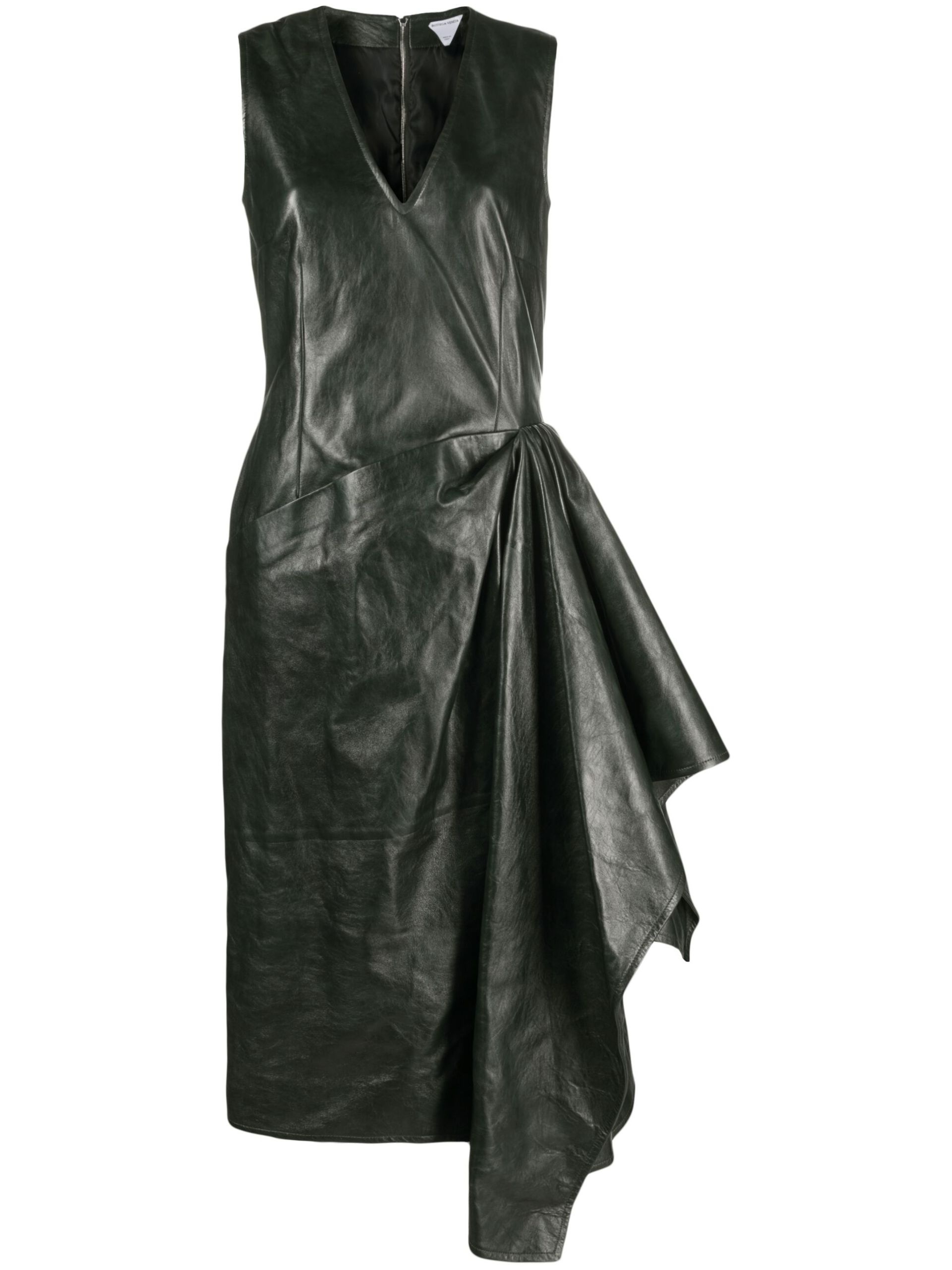 Green Draped Leather Midi Dress - 1