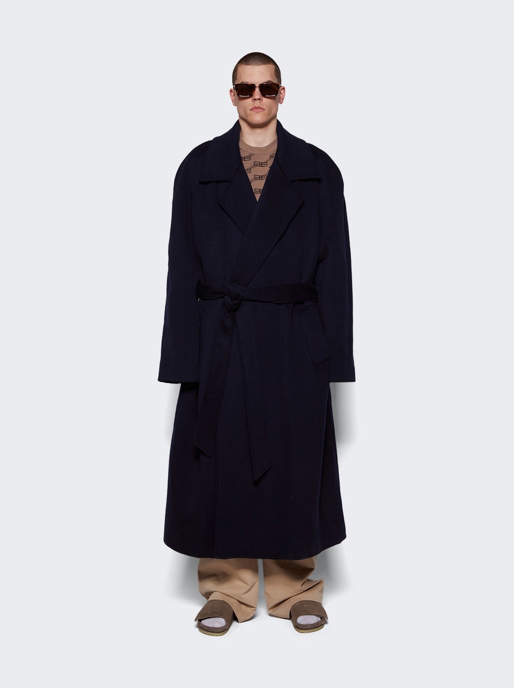 BALENCIAGA Raglan Long Cashmere Coat Navy Blue | thewebster