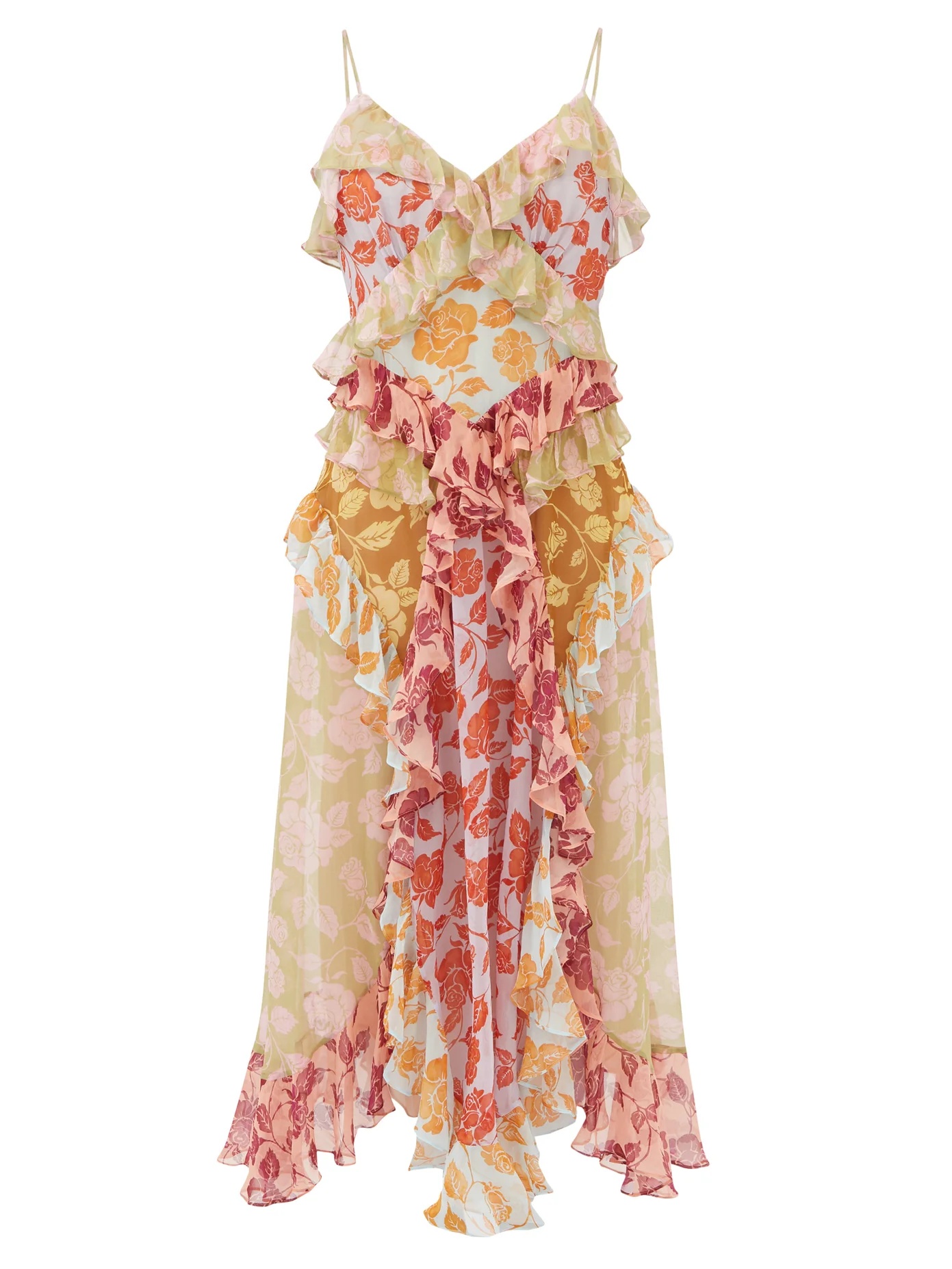 Ruffled rose-print chiffon midi dress - 1