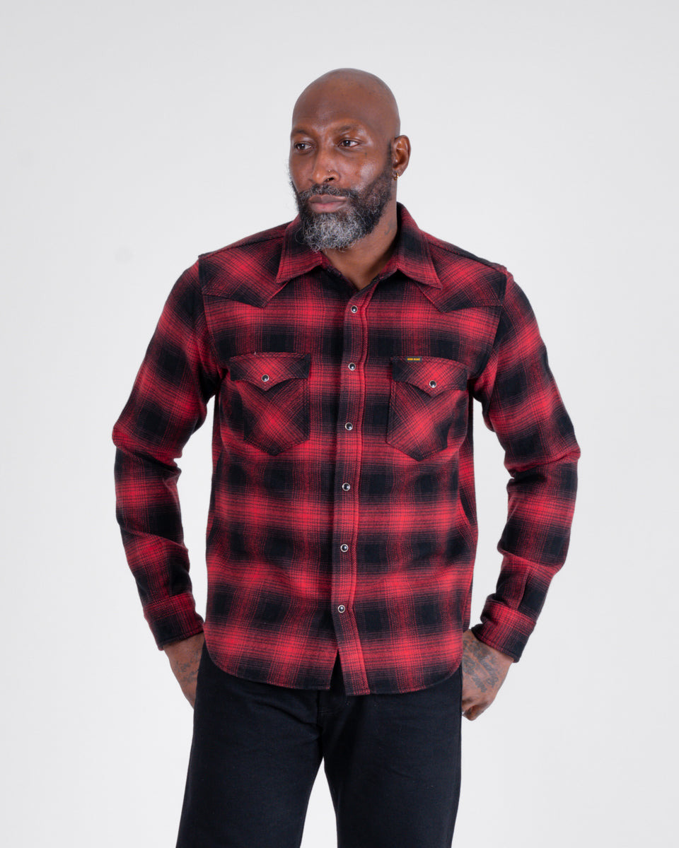 IHSH-264-RED Ultra Heavy Flannel Ombré Check Western Shirt - Red/Black - 2