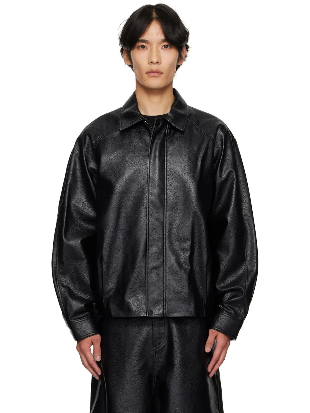 Black Grained Faux-Leather Jacket - 1