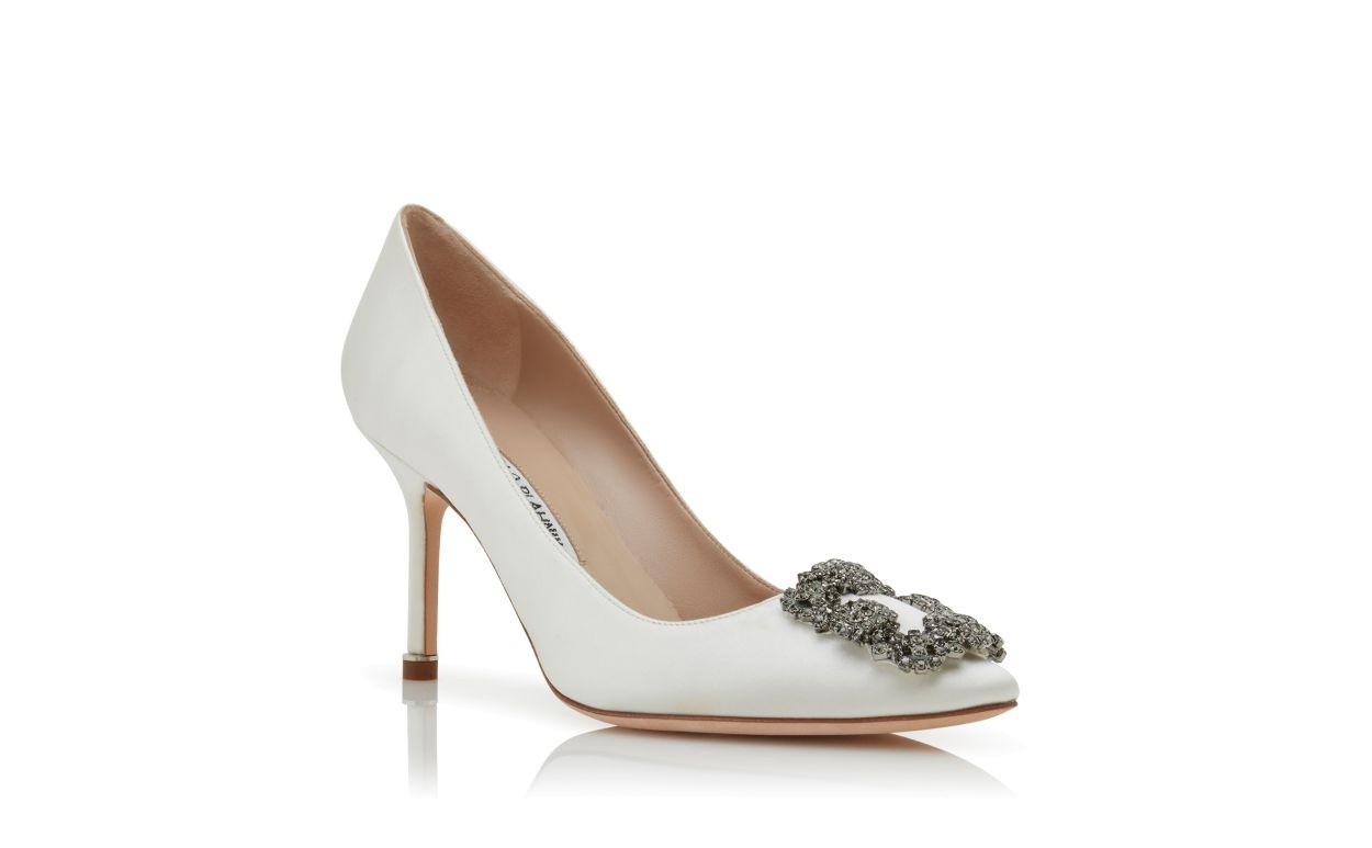 White Satin Jewel Buckle Pumps - 3