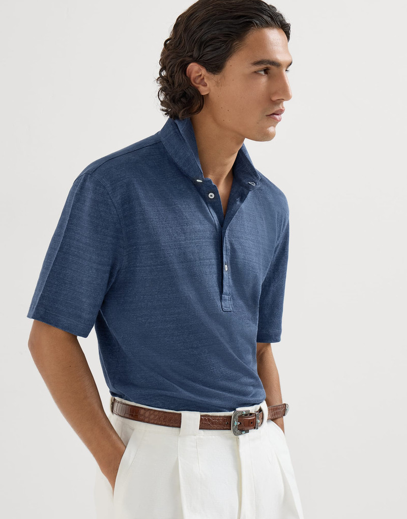 Linen and cotton mélange jersey polo with shirt-style collar 5