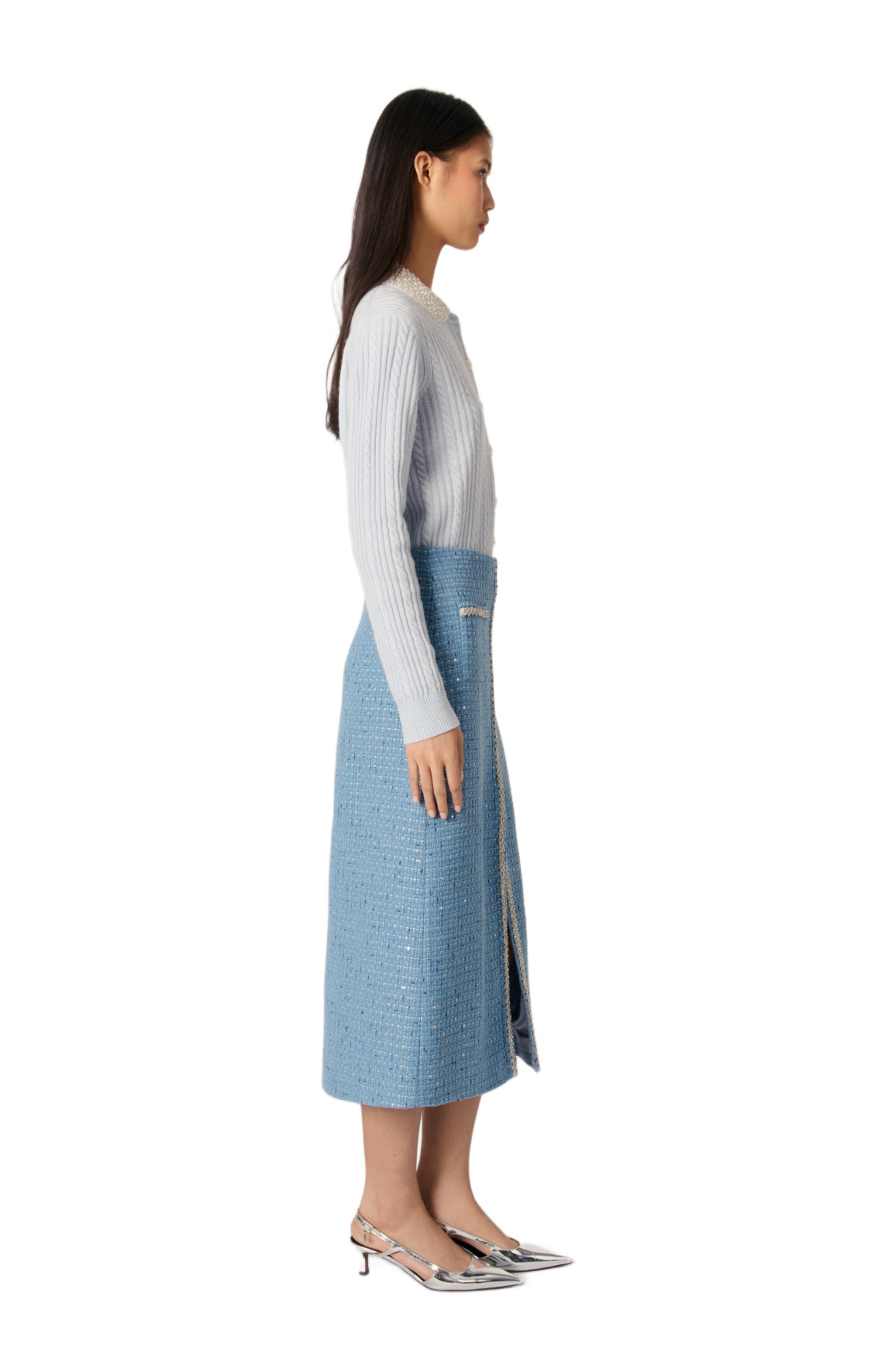 maje Sequin tweed midi skirt in Blue at Nordstrom - 3