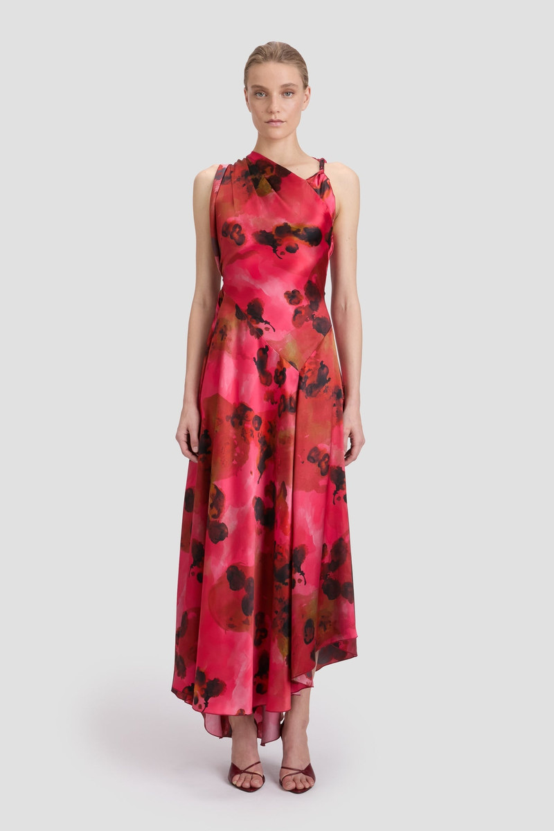 Victoria Beckham Sleeveless Draped Midi Dress In Raspberry Floral Print outlook
