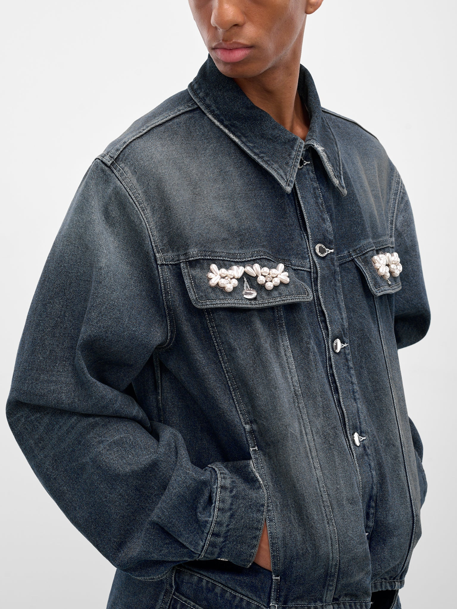 Blue Embroidered Belted Denim Jacket - 4