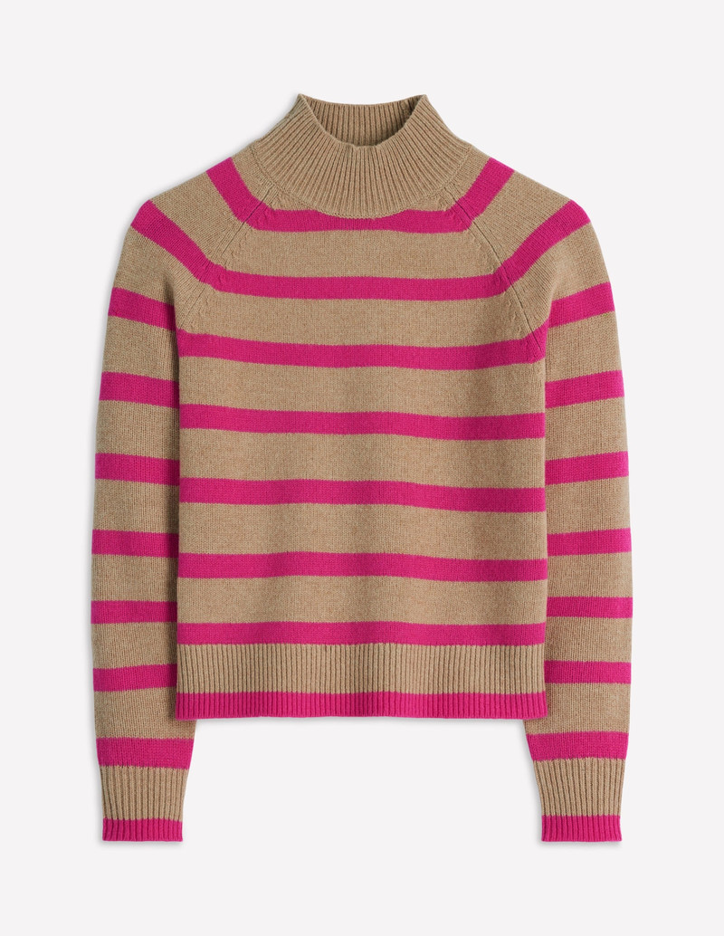 Marion Merino Rib Neck Sweater-Camel, Brilliant Pink Stripe 1
