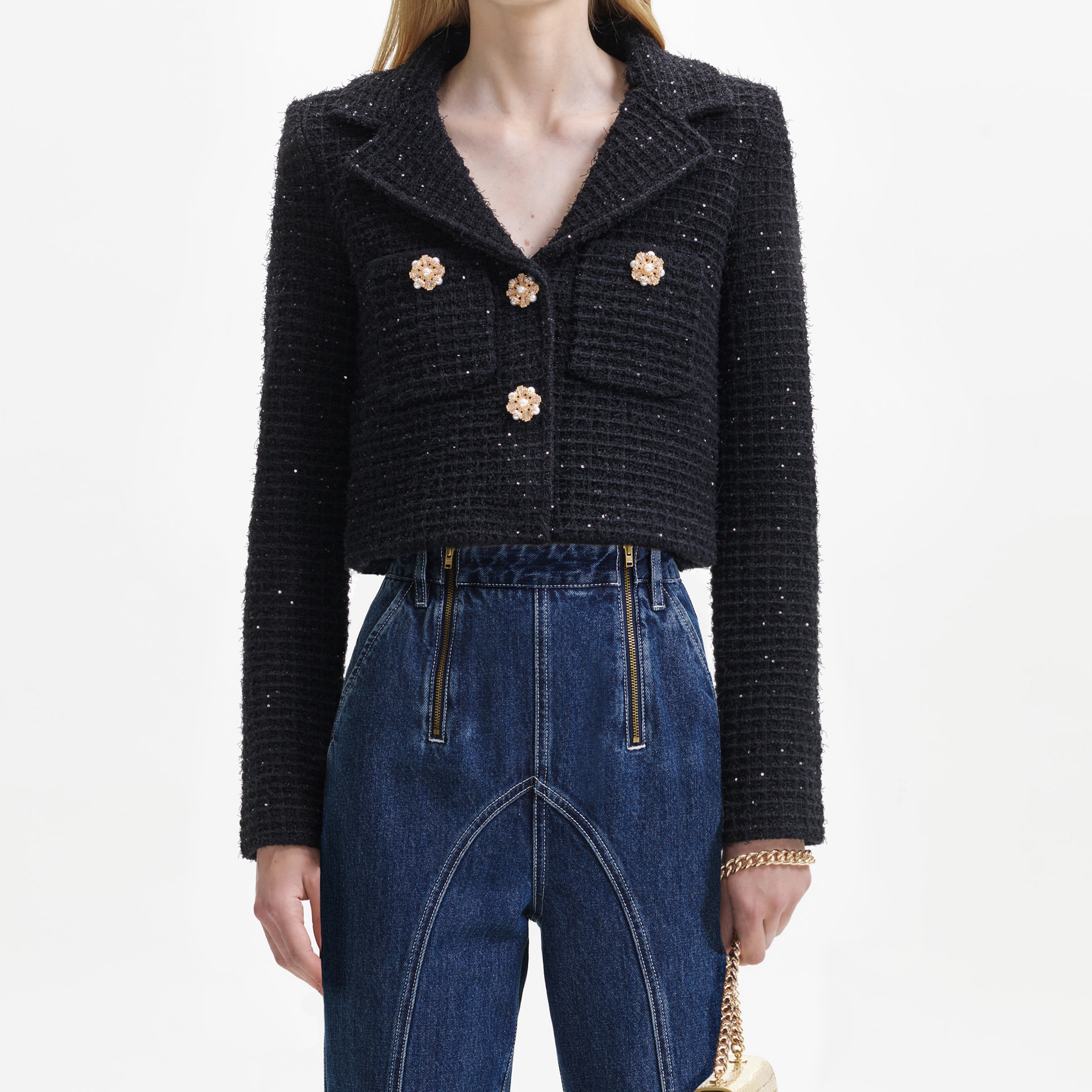 Black Sequin Textured Knit Jacket - 4