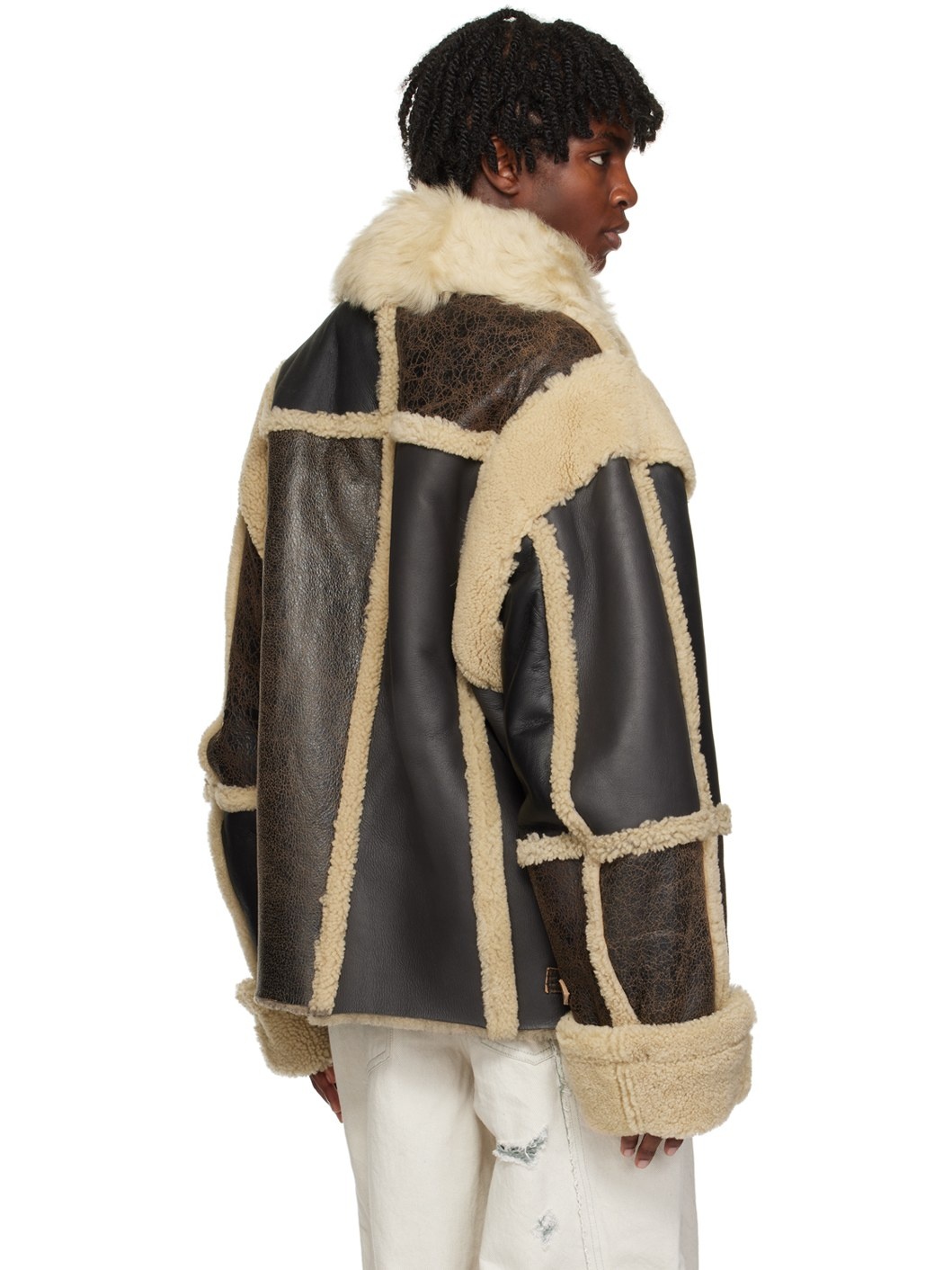 Brown Paneled Leather Jacket - 3