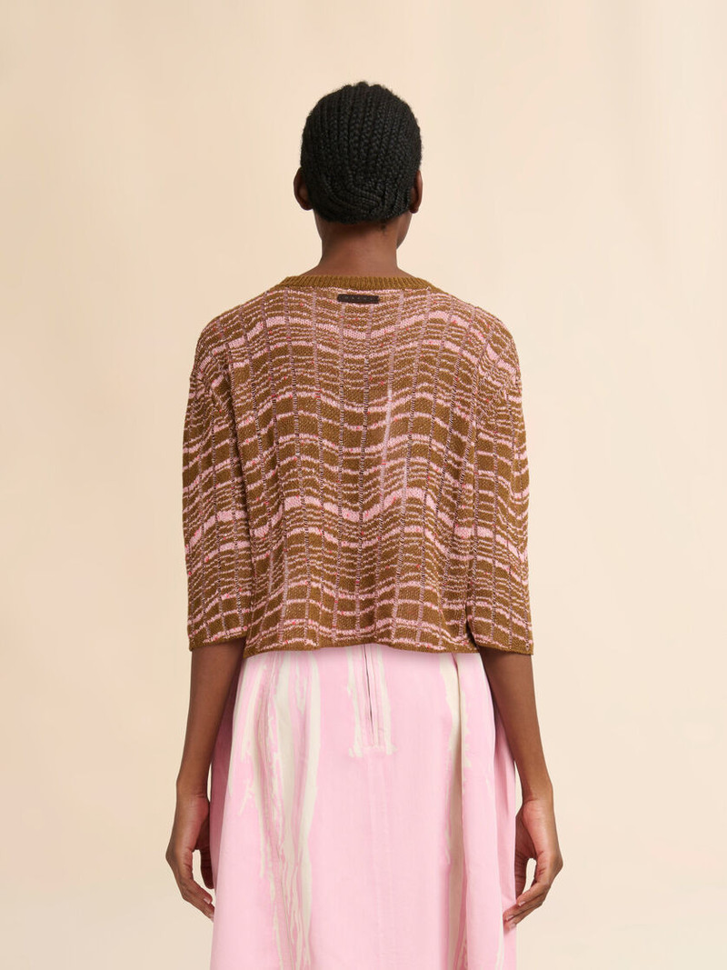 BROWN RIBBED LINEN SWEATER WITH WAVY PATTERN 3