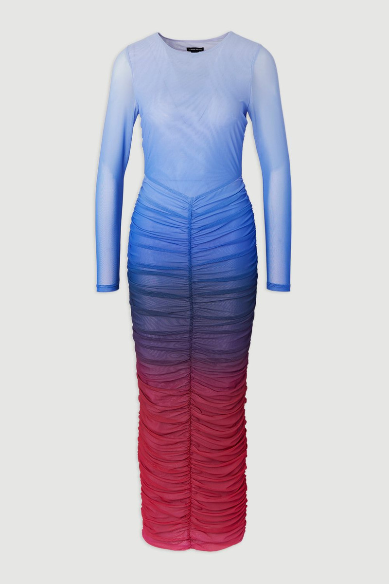 Ombre Printed Mesh Ruched Long Sleeve Maxi Dress 4