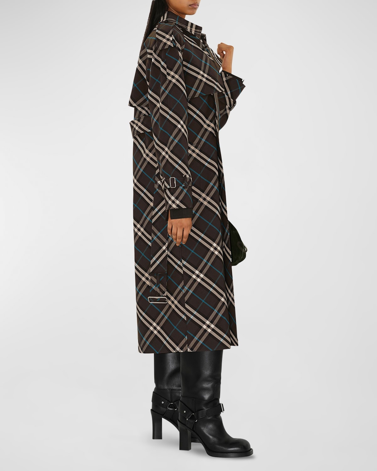 Snug Check-Print Long Trench Coat - 3