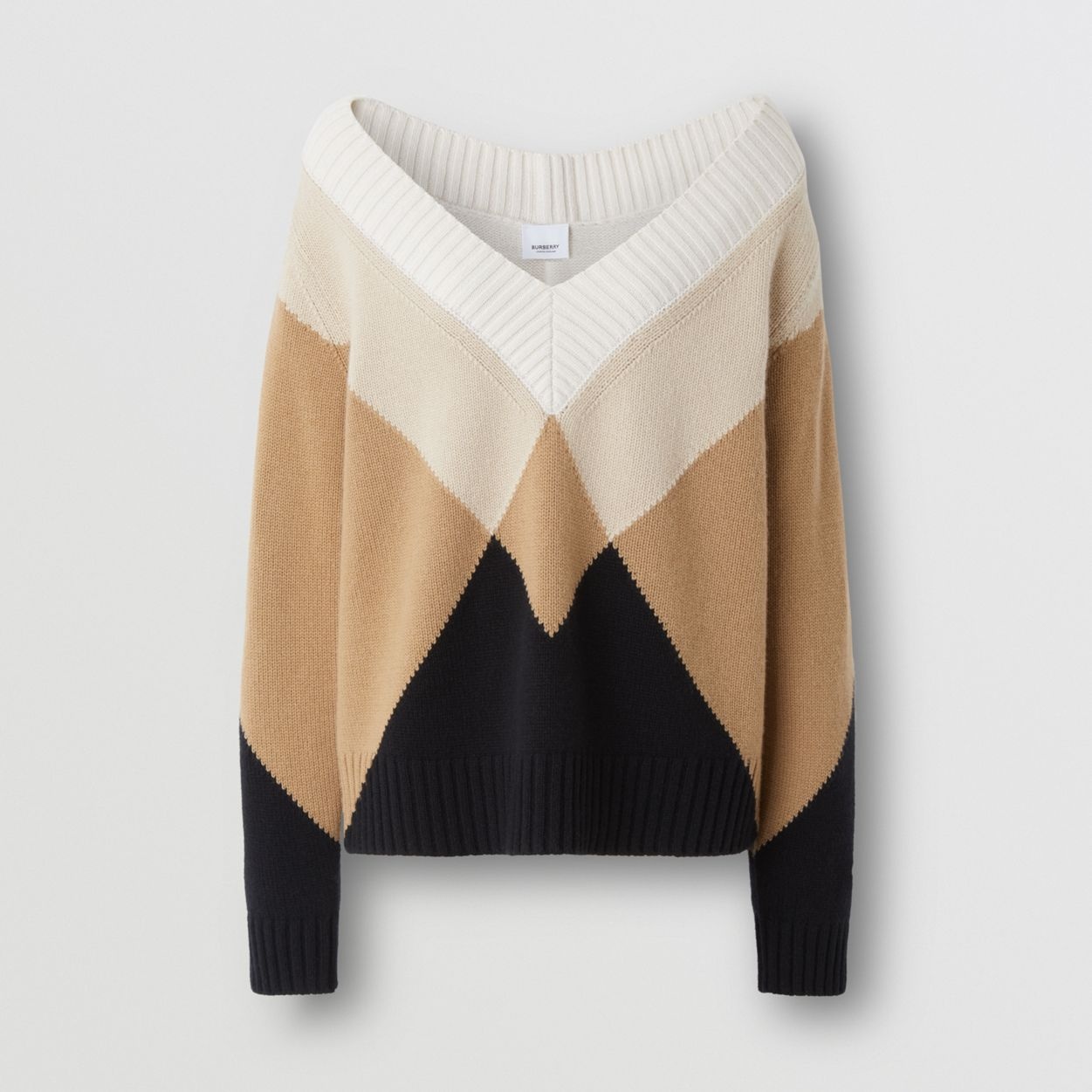 Chevron Intarsia Cashmere V-neck Sweater - 4