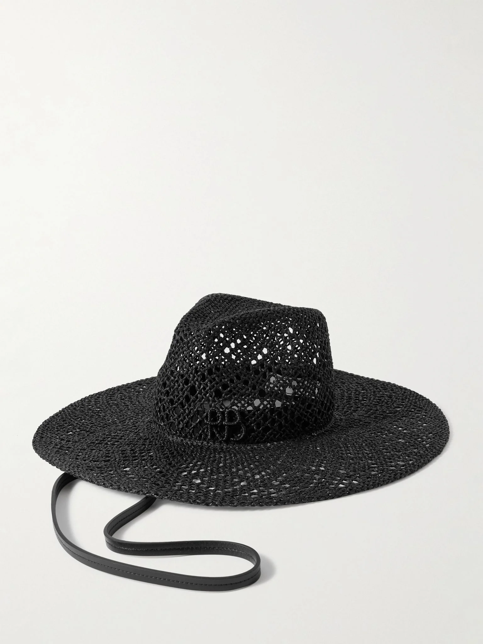 Embroidered leather-trimmed straw hat Black - 1