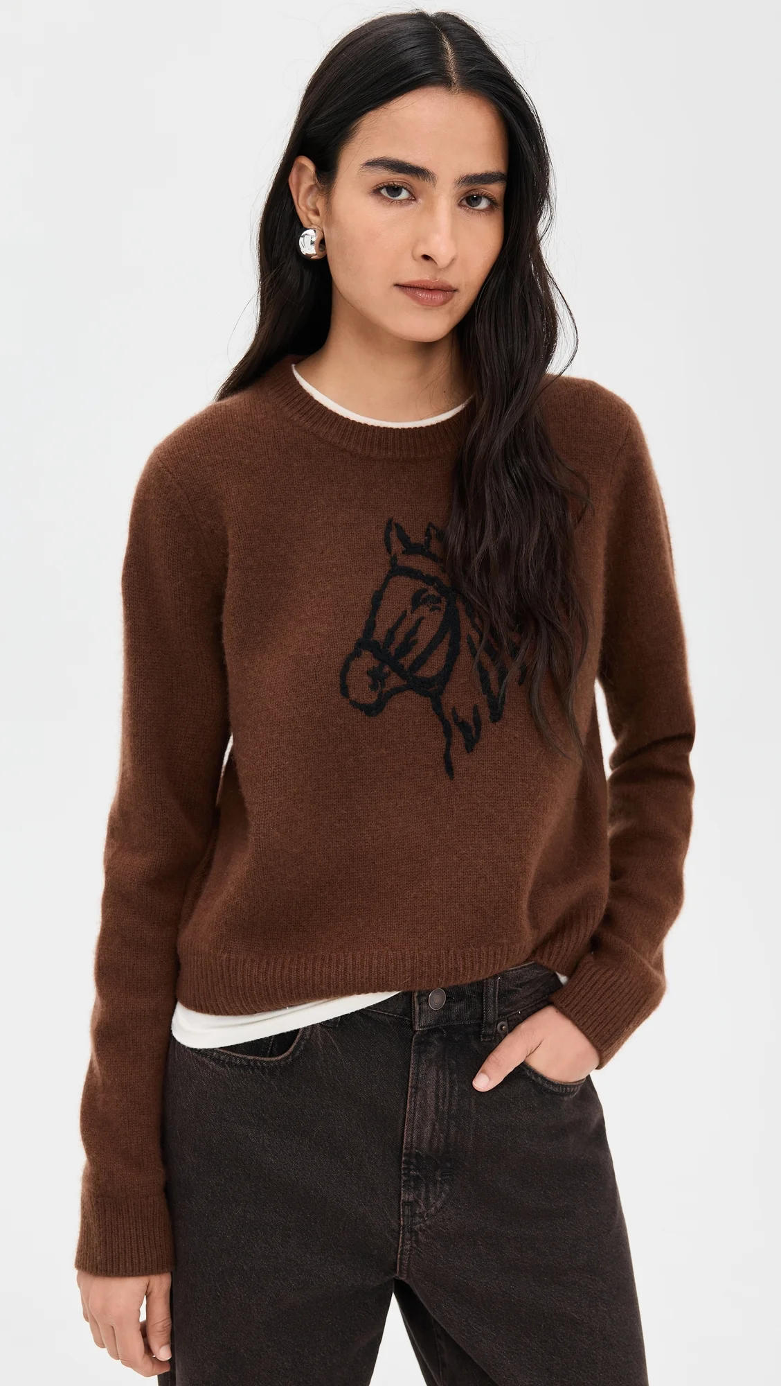Cashmere Blend Horse Embroidered Crew Sweater - 1
