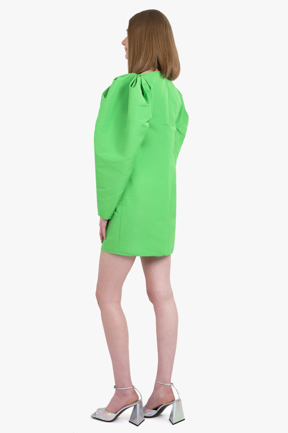 TAFFETA PUFF GATHERED SLEEVE MINI DRESS | GREEN - 3