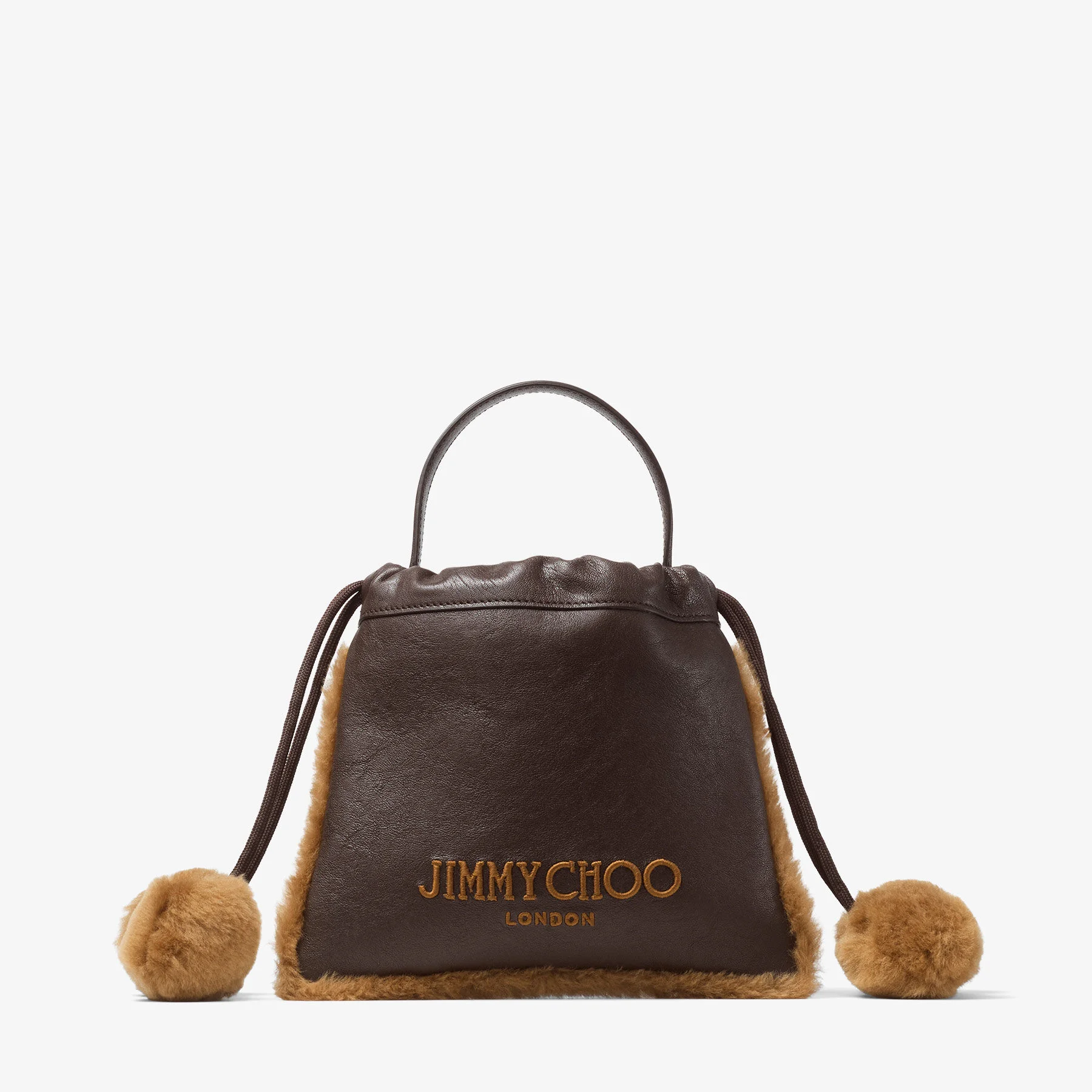 Drawstring Pouch Top Handle Chocolate and Toffee Biker Leather and Shearling Drawstring Pouch with P - 1