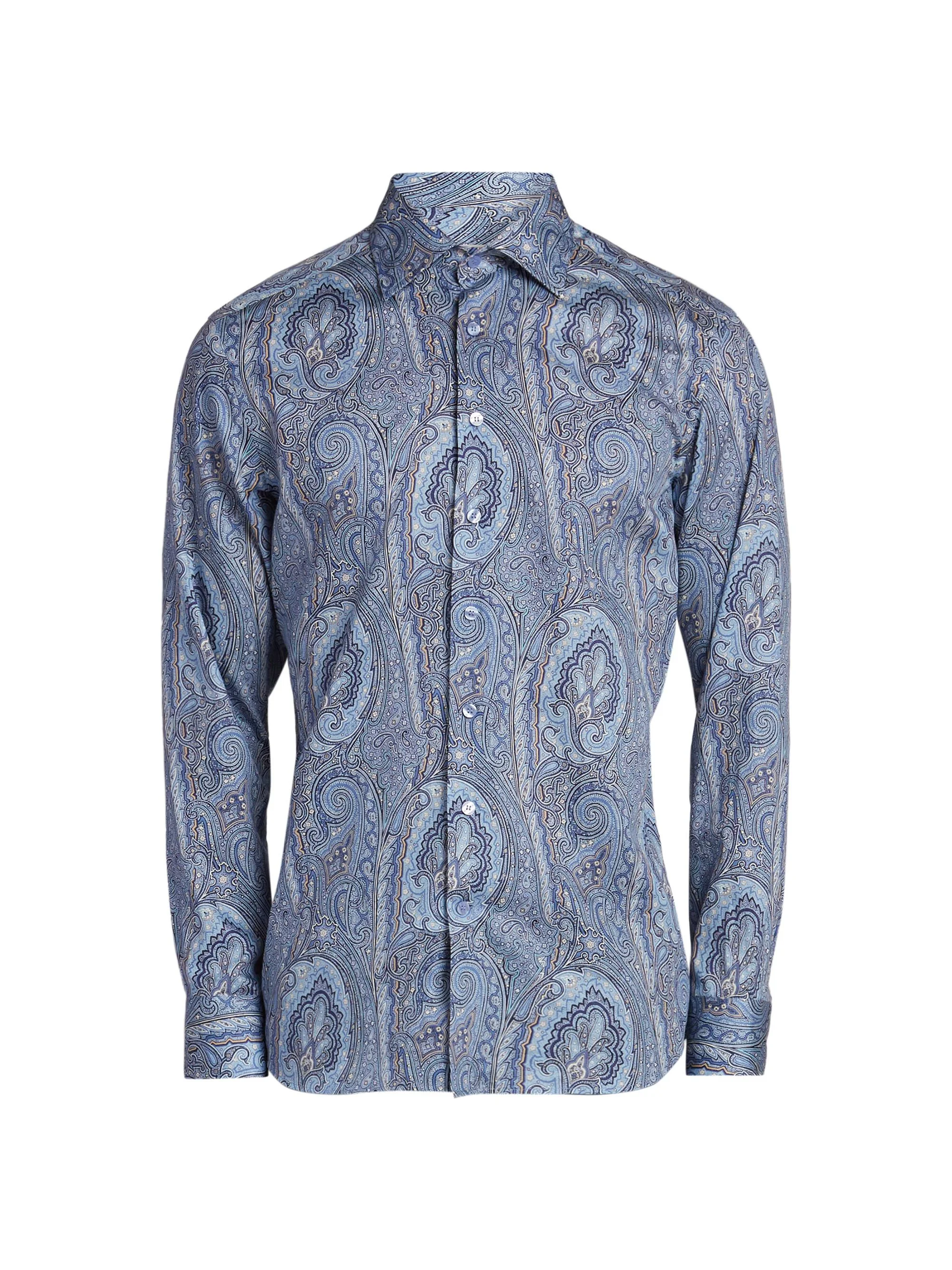 Men's Paisley Cotton Button-Front Shirt - Printed Azure Base - 1