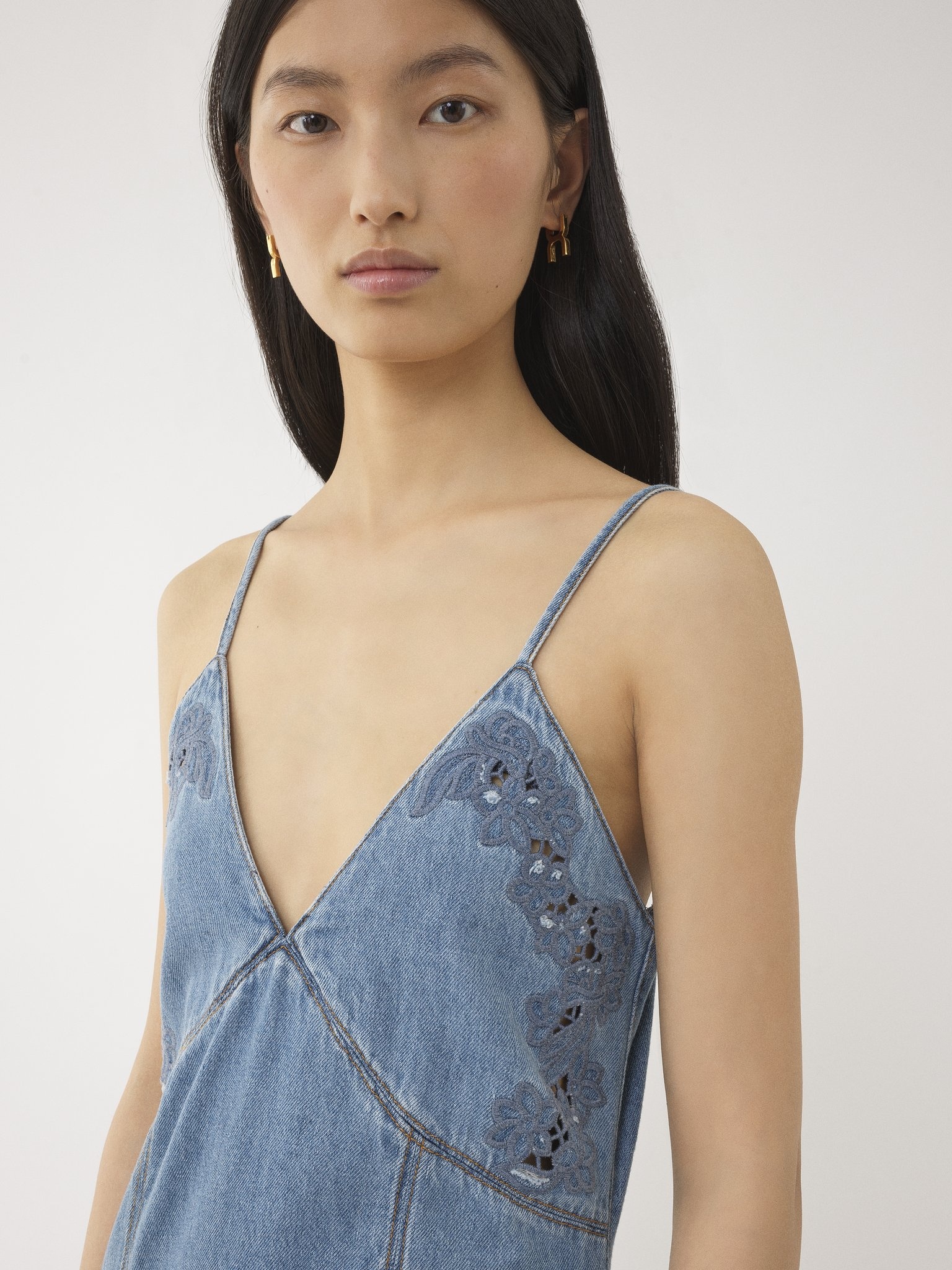 Chloé Denim Maxi Dress with Eyelet Embroidery